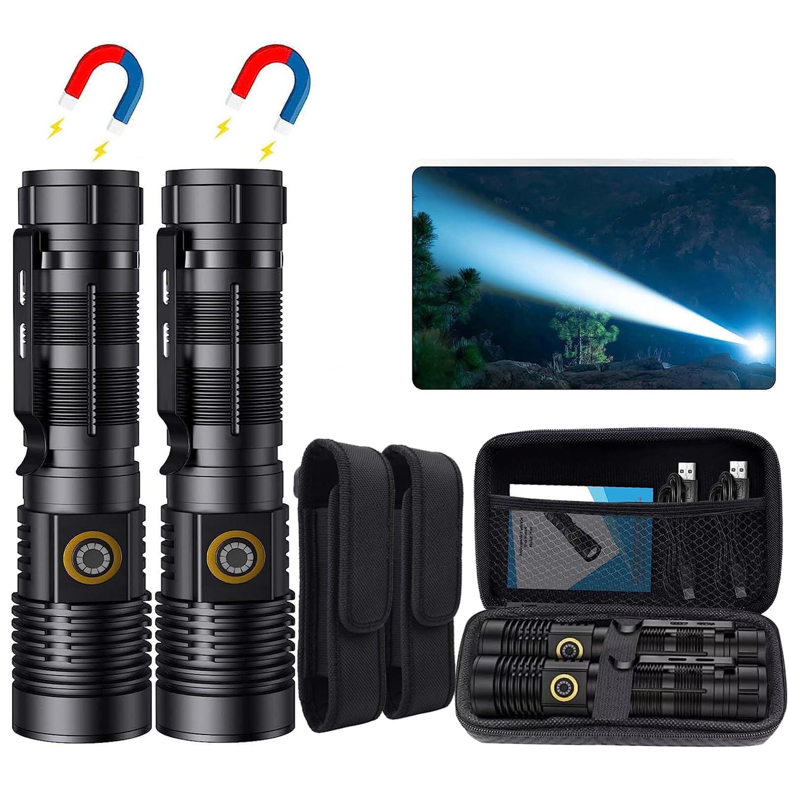 Rechargeable Magnetic Flashlight 20000 High Lumens - 1500 Meters Long Beam Super Bright LED Tactical Flashlight with Holster USB