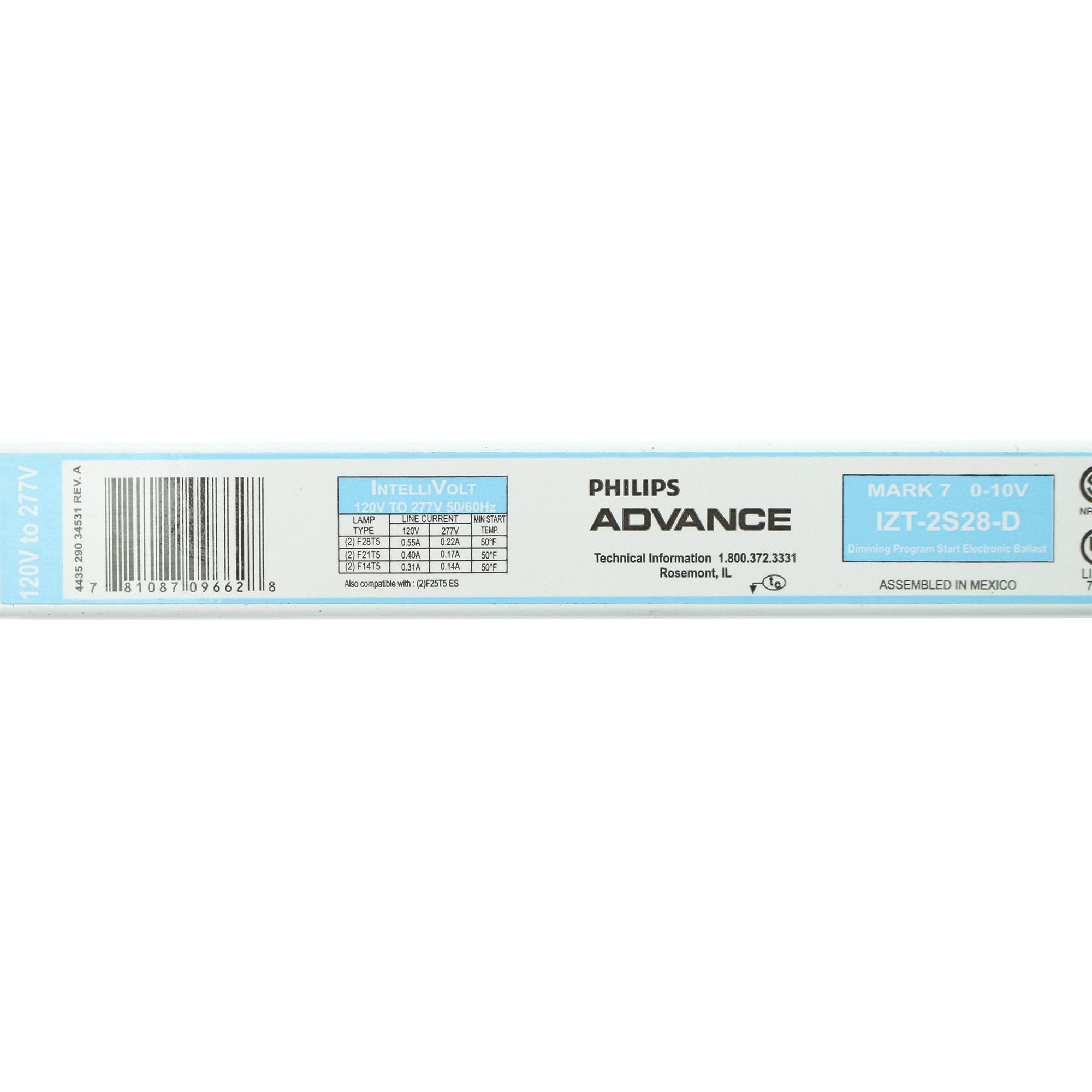 Advance Mark 7 0-10V Izt2S28D 2 Lamp F28T5, F21T5, F14T5 120/277 Volt Programmed Start 1.0 Ballast Factor Dimming