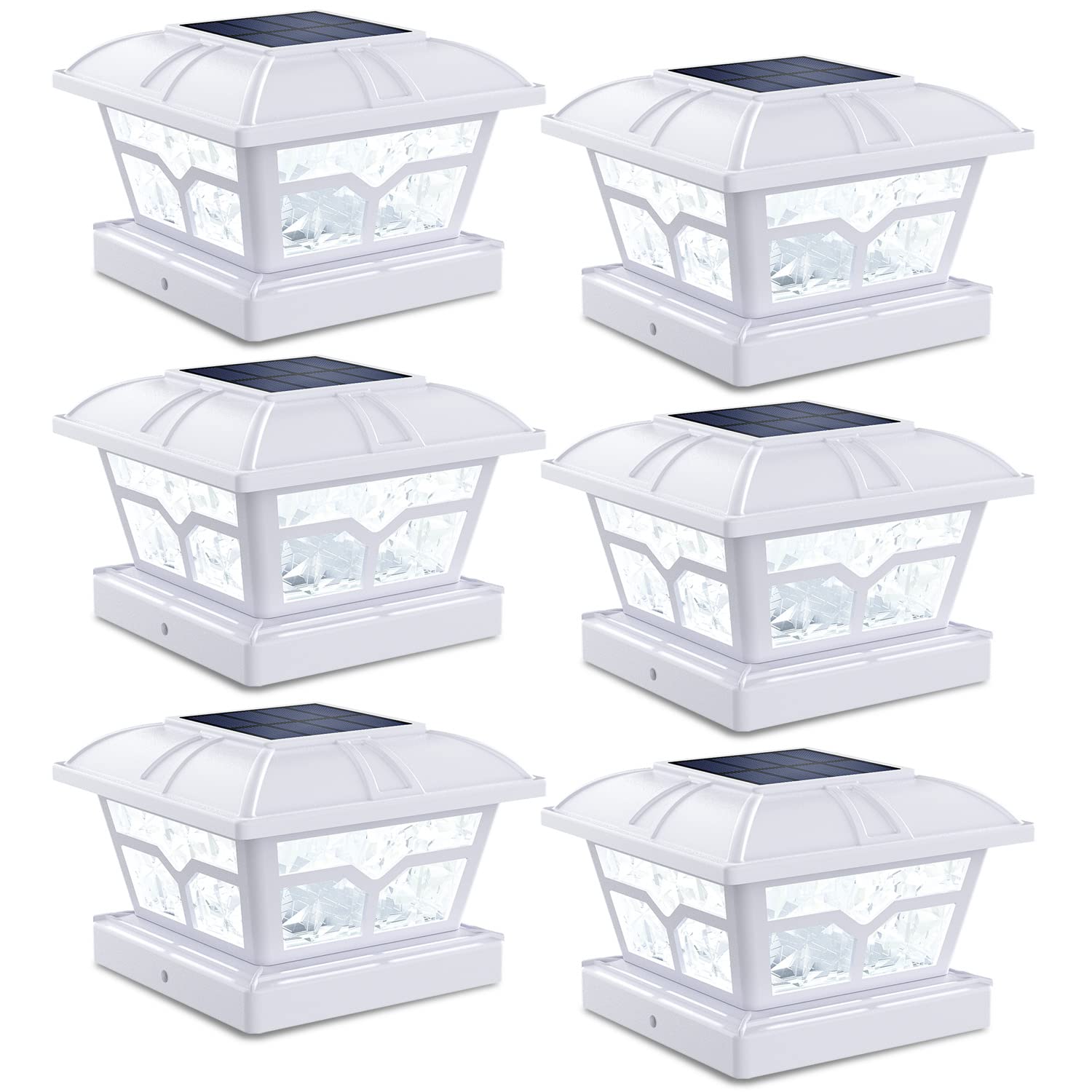SIEDiNLAR Solar Post Cap Lights, 8 LEDs, 2 Color Modes, Plastic, 6 Pack, White, Model SD020W-6PK