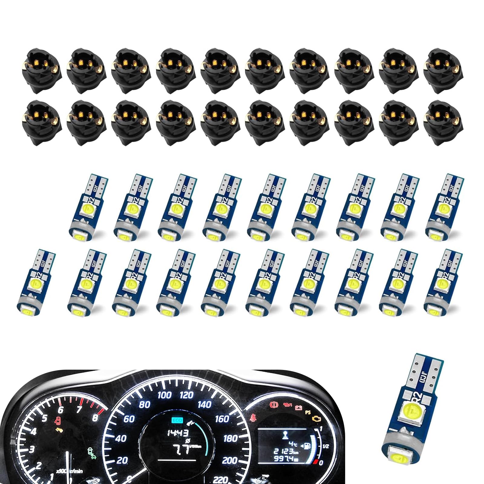 winterrock 20PCS 74 LED Bulb Dash Lights Super Bright  T5 37 74 Wedge LED Bulb with PC74 PC37 Twist Lock Socket  Auto Instrument Cluster Bulbs  Replacement Instrument Panel Gauge Light Kits (White)