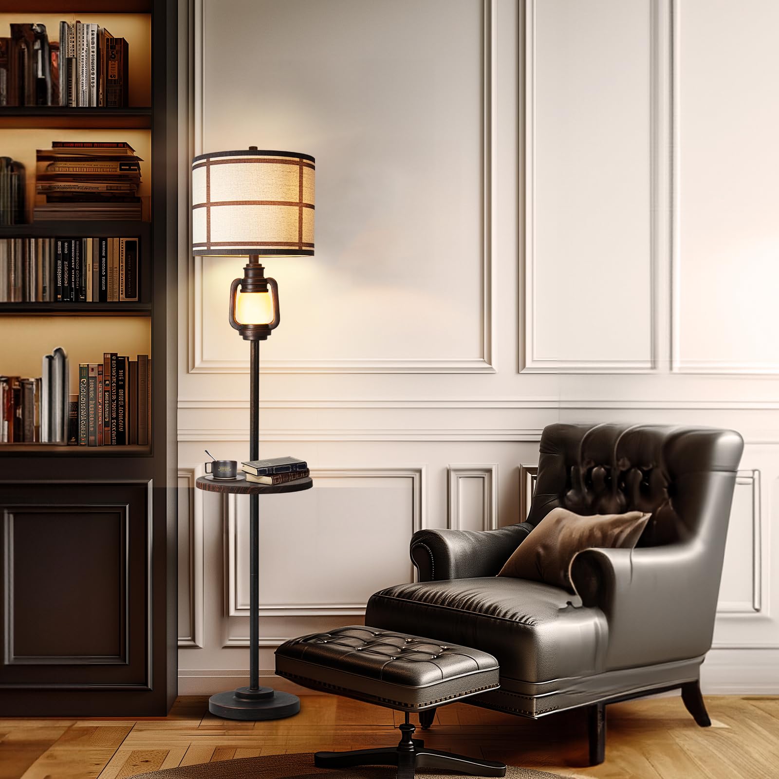 Rustic Farmhouse Metal Tray Floor Lamp For Living Room With Nightlight Vintage Tall Lamp With Linen Fabric Shade Industrial Stan