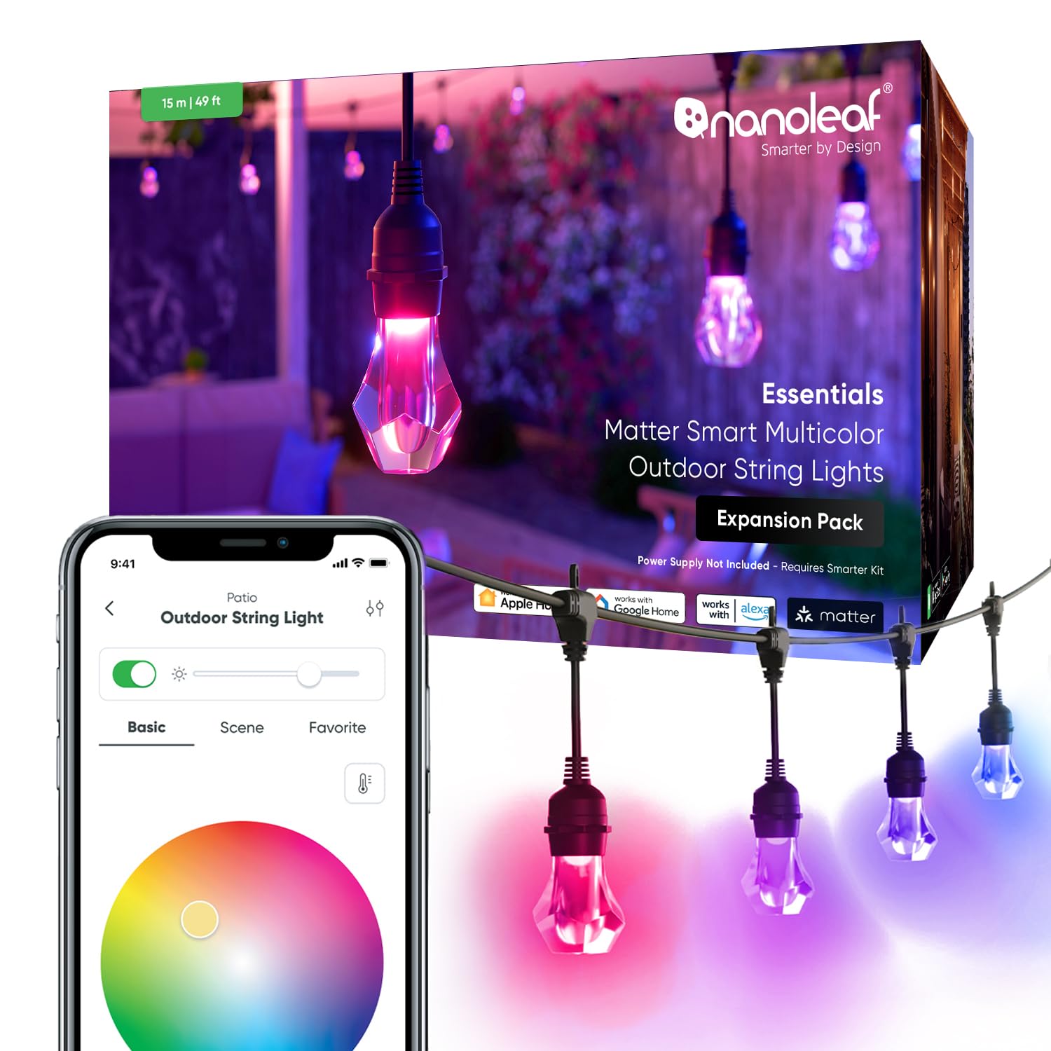Nanoleaf Essentials Smart Outdoor String Lights, 49ft Expansion, Multicolor RGBICW, Model NF084E00-20SLO, Wi-Fi + Bluetooth, IP65 Water Resistant