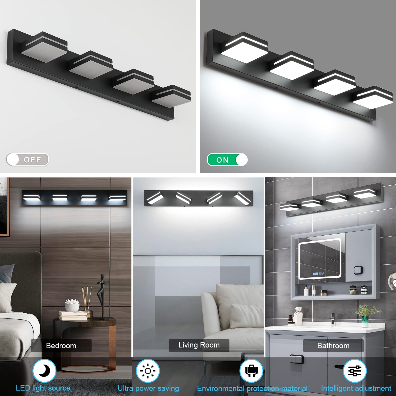 Sinerise Led Modern Bathroom Vanity Light Fixtures (4-Light, 30-Inch, Dimmable), Matte Black Modern Acrylic Bathroom Wall Lighti