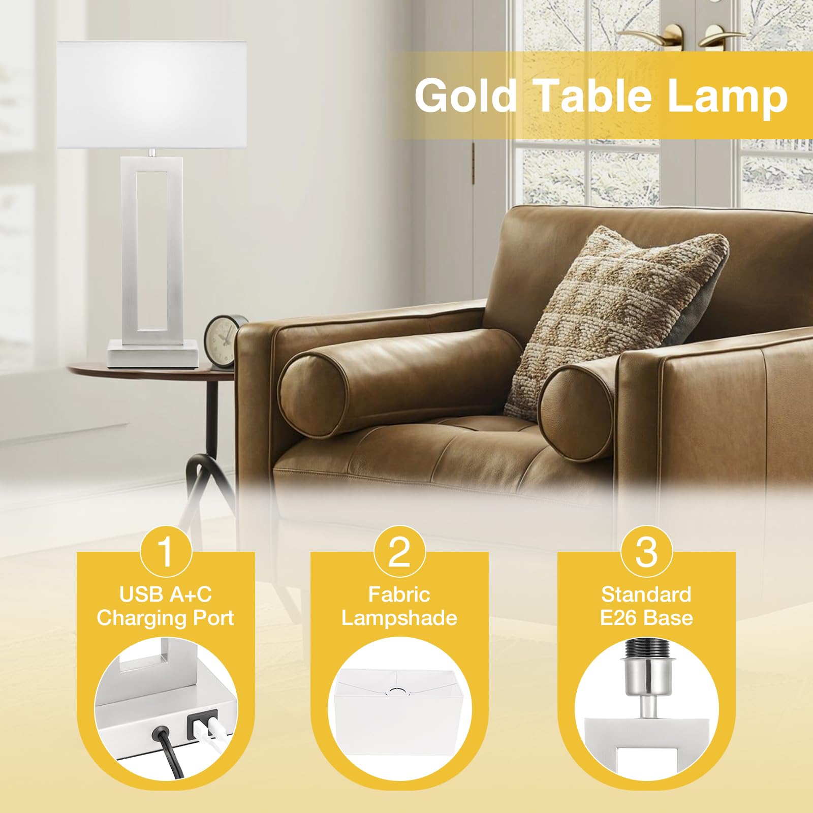 Seealle 22" Touch Dimmable Bedroom Lamps with USB C+A - Modern White & Silver Bedside Lighting for Nightstands