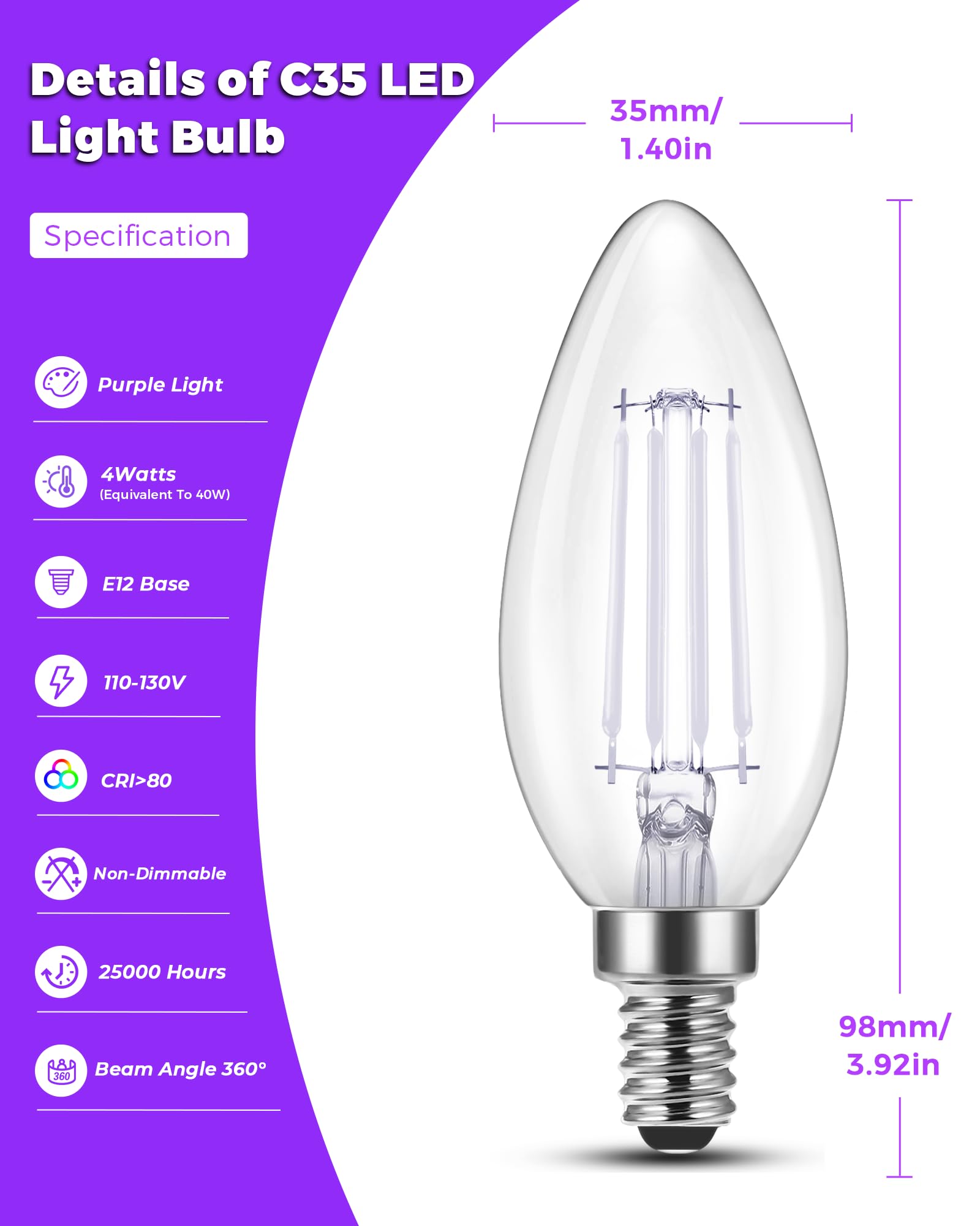 Flaspar 3 Pack E12 Led Purple Light Bulbs  E12 Filament Candelabra Bulb 4W 40W Equivalent  Vintage Led Purple Lights For Christmas Light Bulbs  Porch  Halloween Party  Black Decorative Lighting