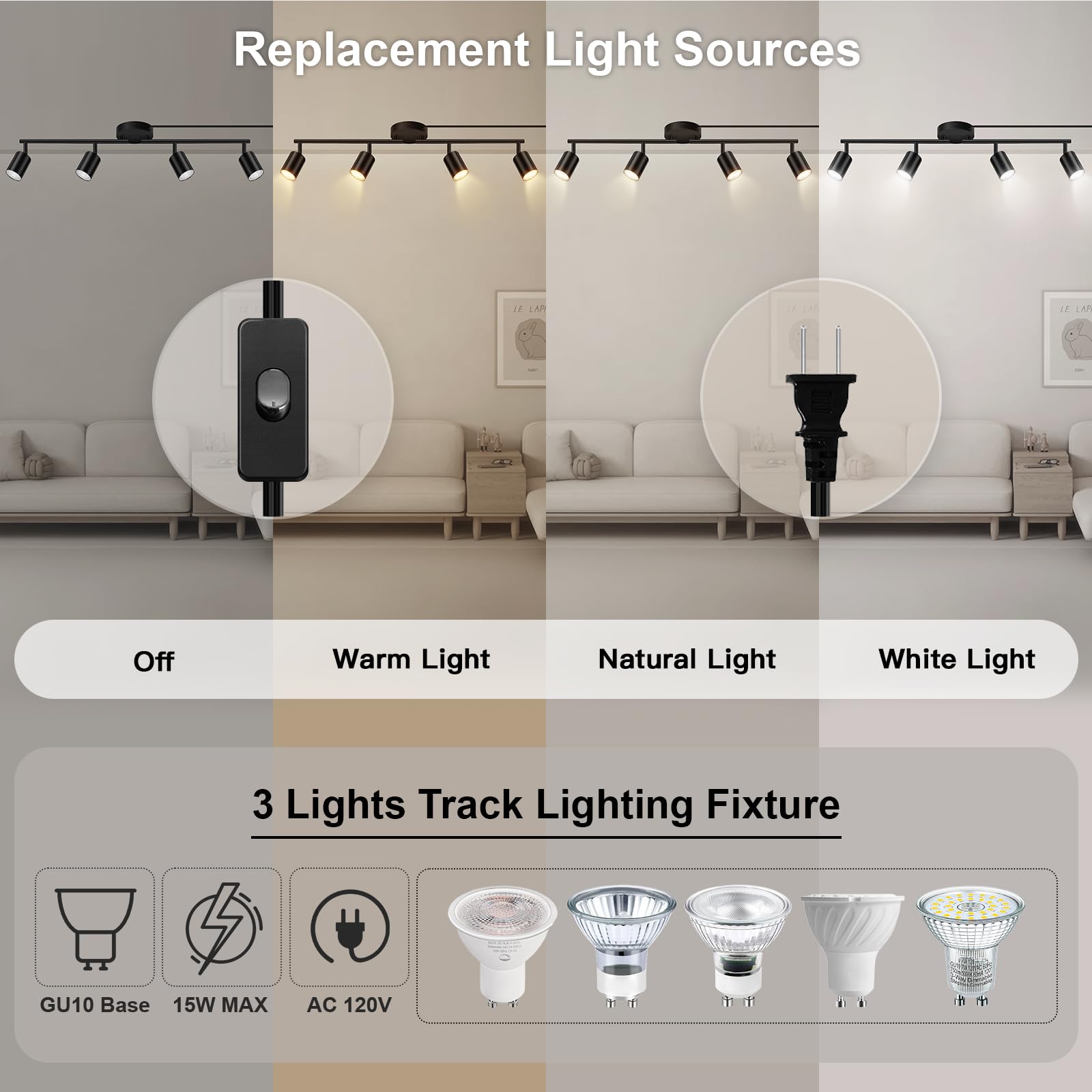 AUQUEE LED Track Lighting Fixtures - Black 4-Light Kit, Metal, Plug-in with 14.8ft Cord, Rotatable Ceiling Spotlight, Model C0105