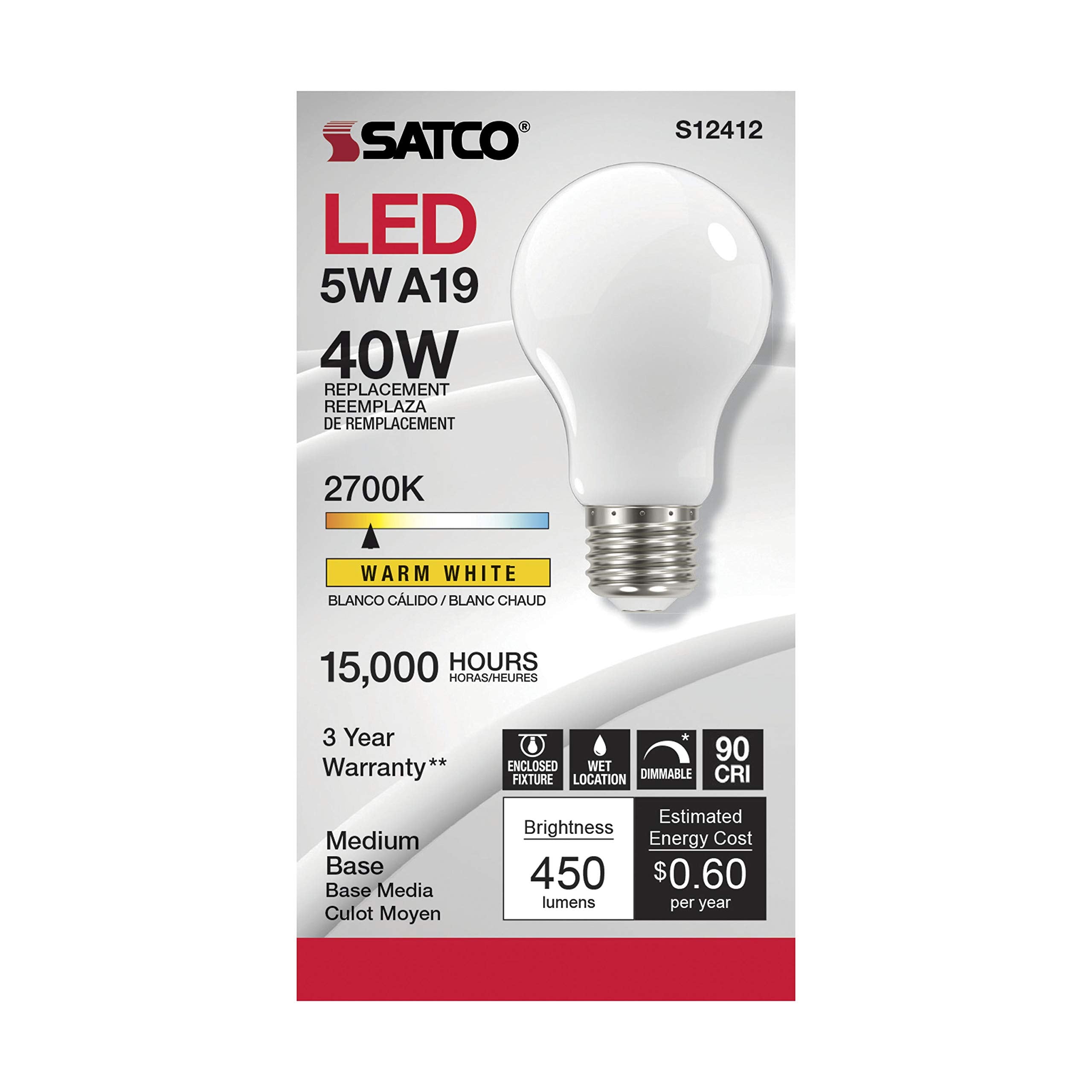 Satco S12412 Bulb, Warm (2700K) -5 Watt