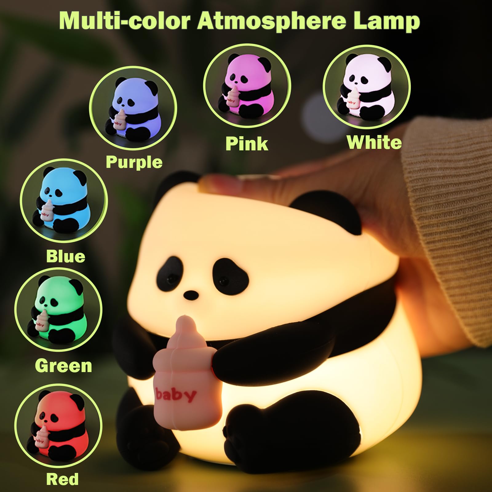 iLAFFUS Night Light for Kids Lamp,10 Colors Cute Panda Lamp,Dimmable Baby Night Lights for Nursery,Silicone Rechargeable Nightli