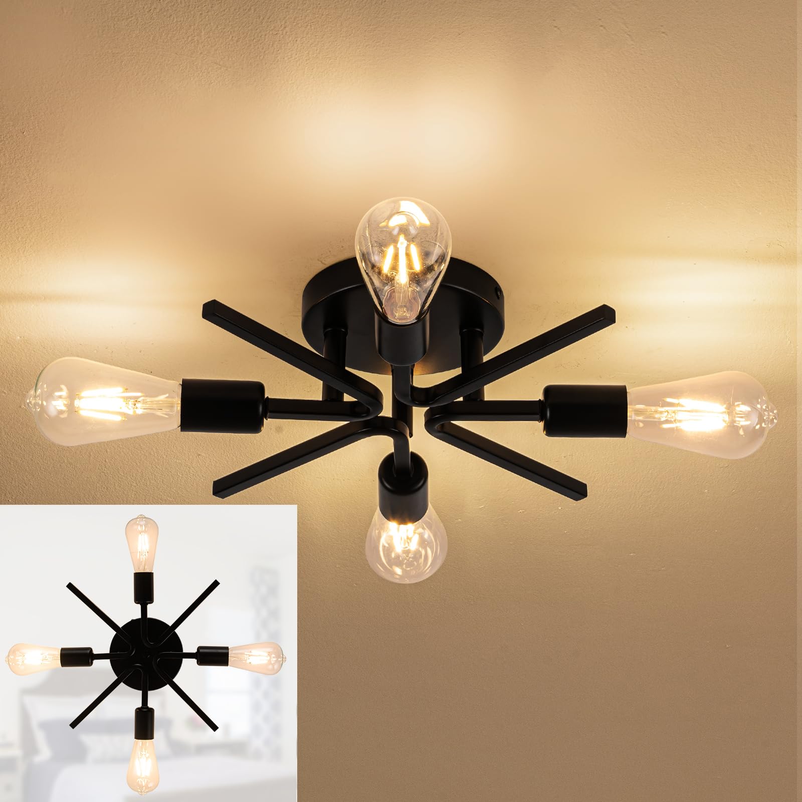 4 Light Farmhouse Sputnik Lighting Fixtures Ceiling Fixtures Black Industrial Flush Mount Lamp Hallway Light Fixture Sputnik Ceiling Lighting For Kitchen Living Room Bedroom Foyer Entryway E26