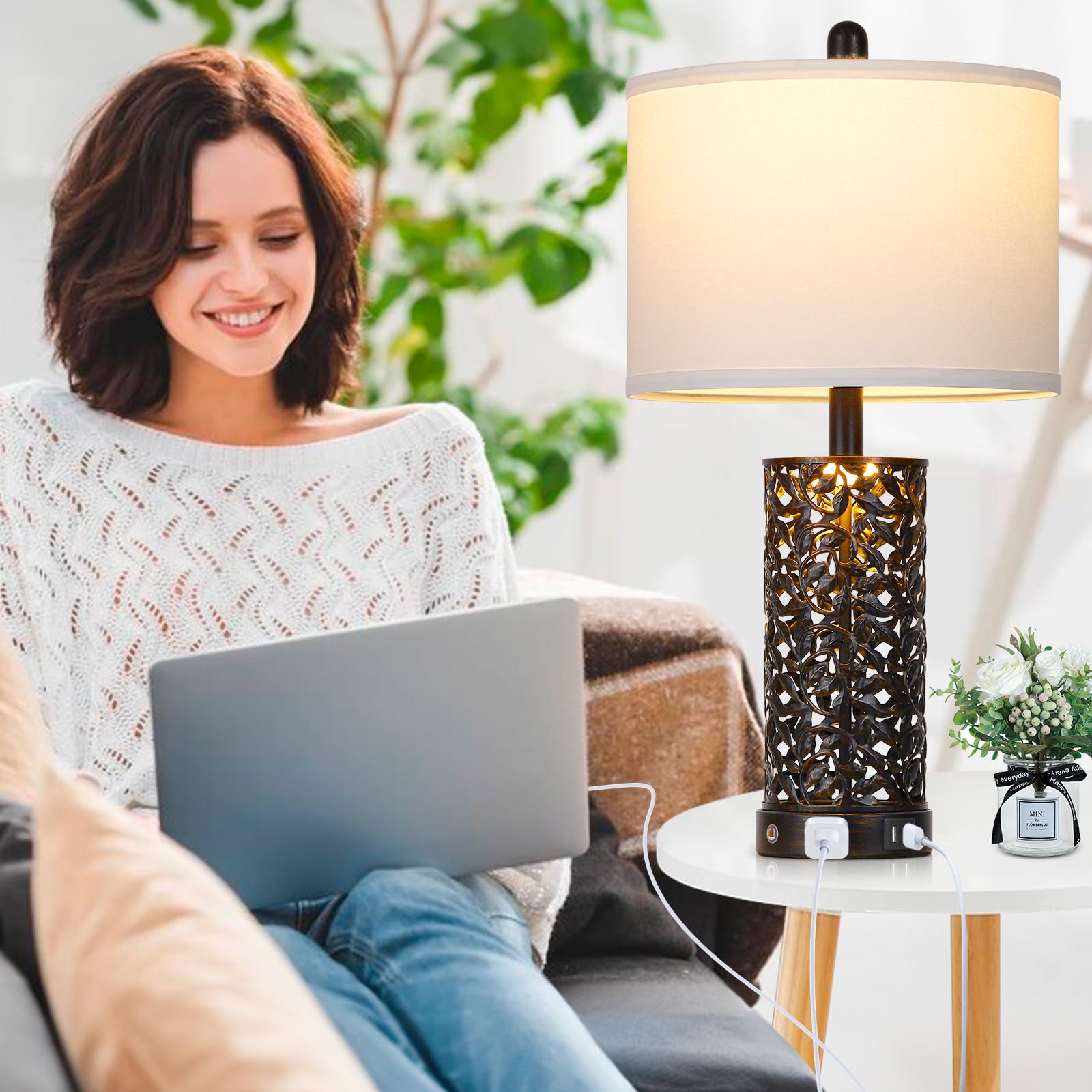 Cinkeda Vintage Lamp For Living Room Set Of 2,Rustic Retro Bedside Nightstand Lamps With 2 Usb Ports & Ac Outlet,Touch Control I