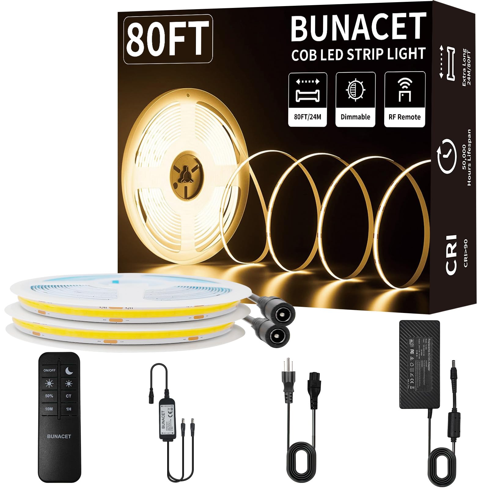 BUNACET 80FT COB LED Strip Light Warm White Dimmable 3000K with RF Remote and Power Adapter, Model BNT-DE-LED-Lights