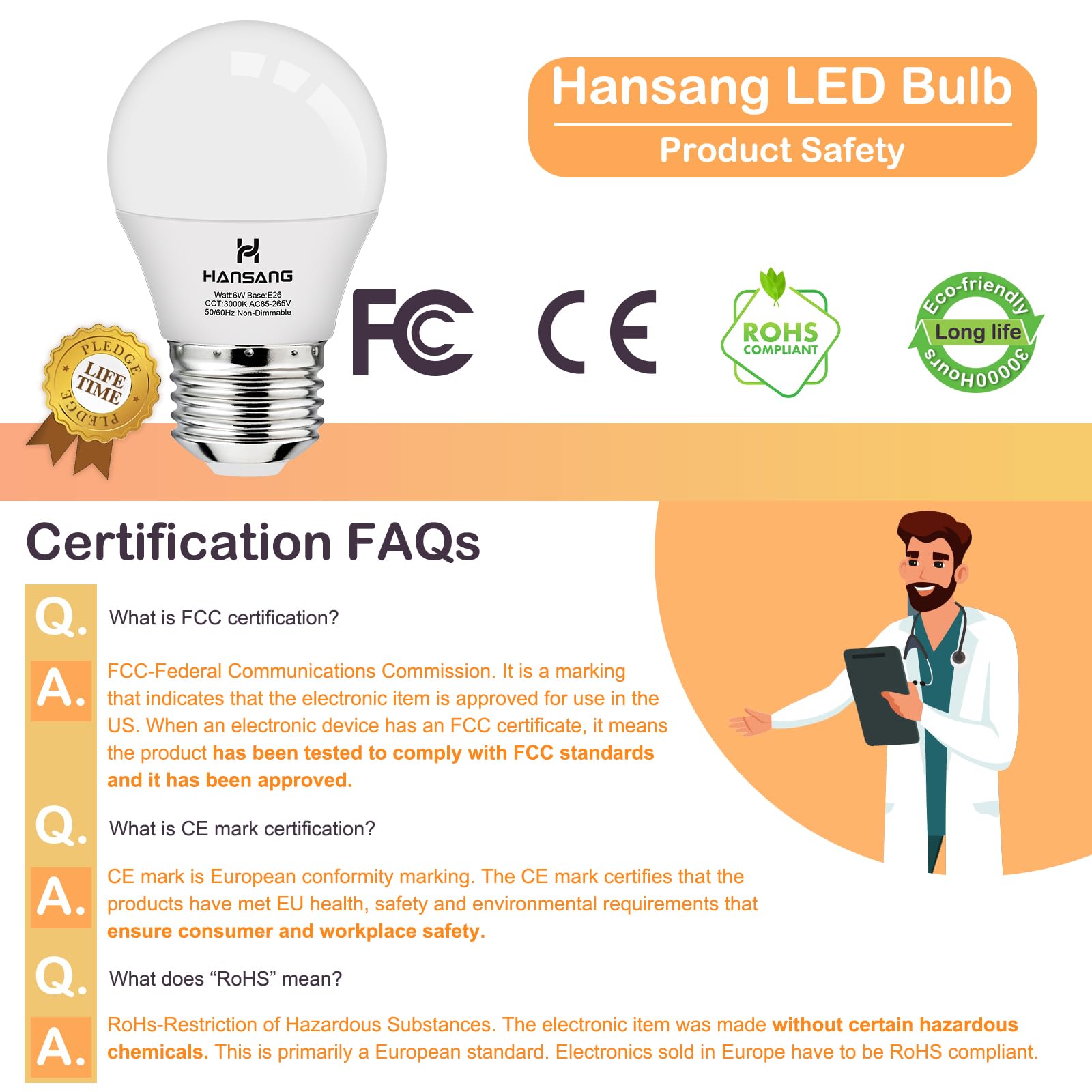 Hansang E26 Appliance Light Bulb, 3000K Soft White, 60 Watt Equivalent Small Light Bulb, E26 Led Bulb For Ceiling Fan, A15 Light