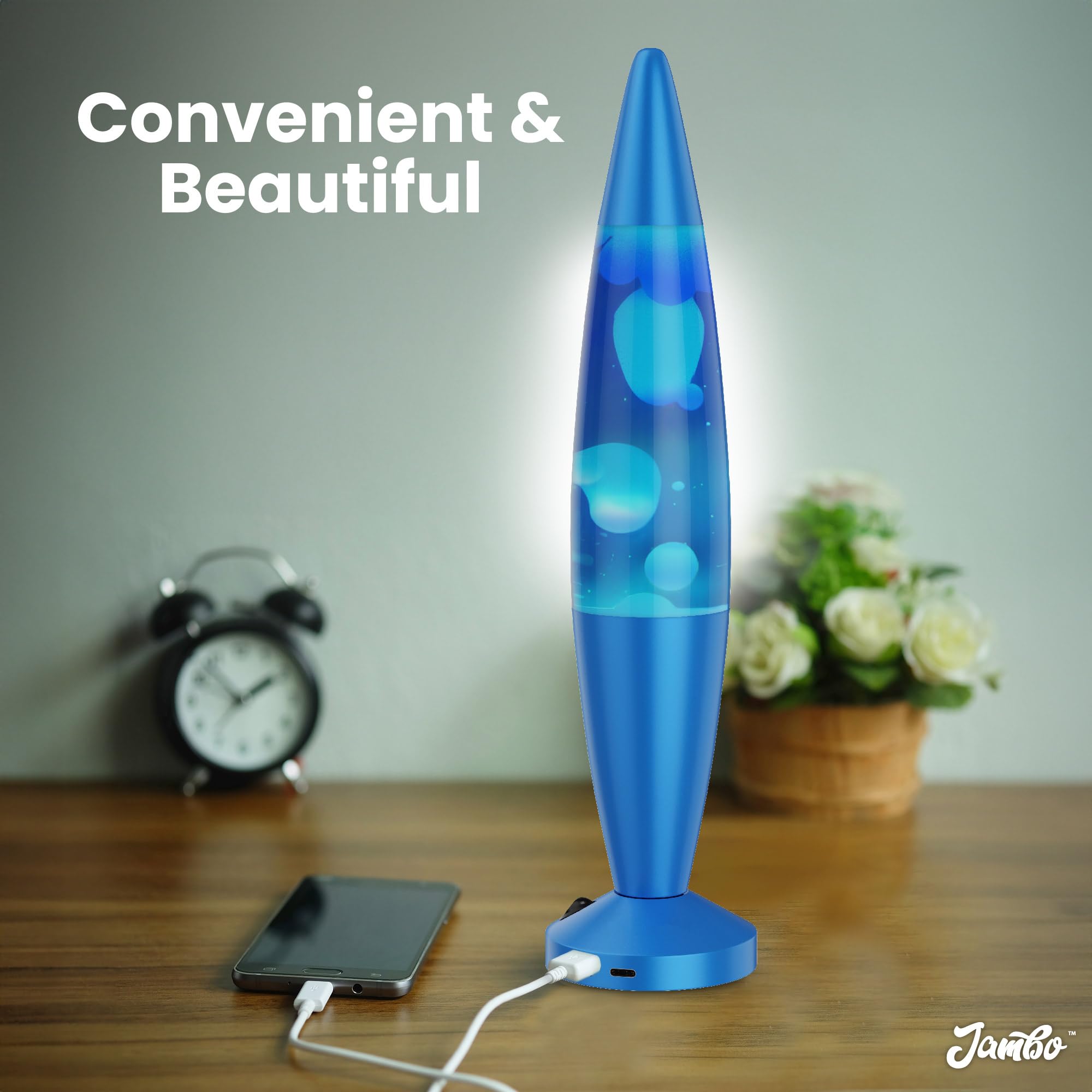 JAMBO Liquid Lamp with USB Ports, 16in Motion Light, Blue Base, Blue Liquid, White Wax, Model 59000