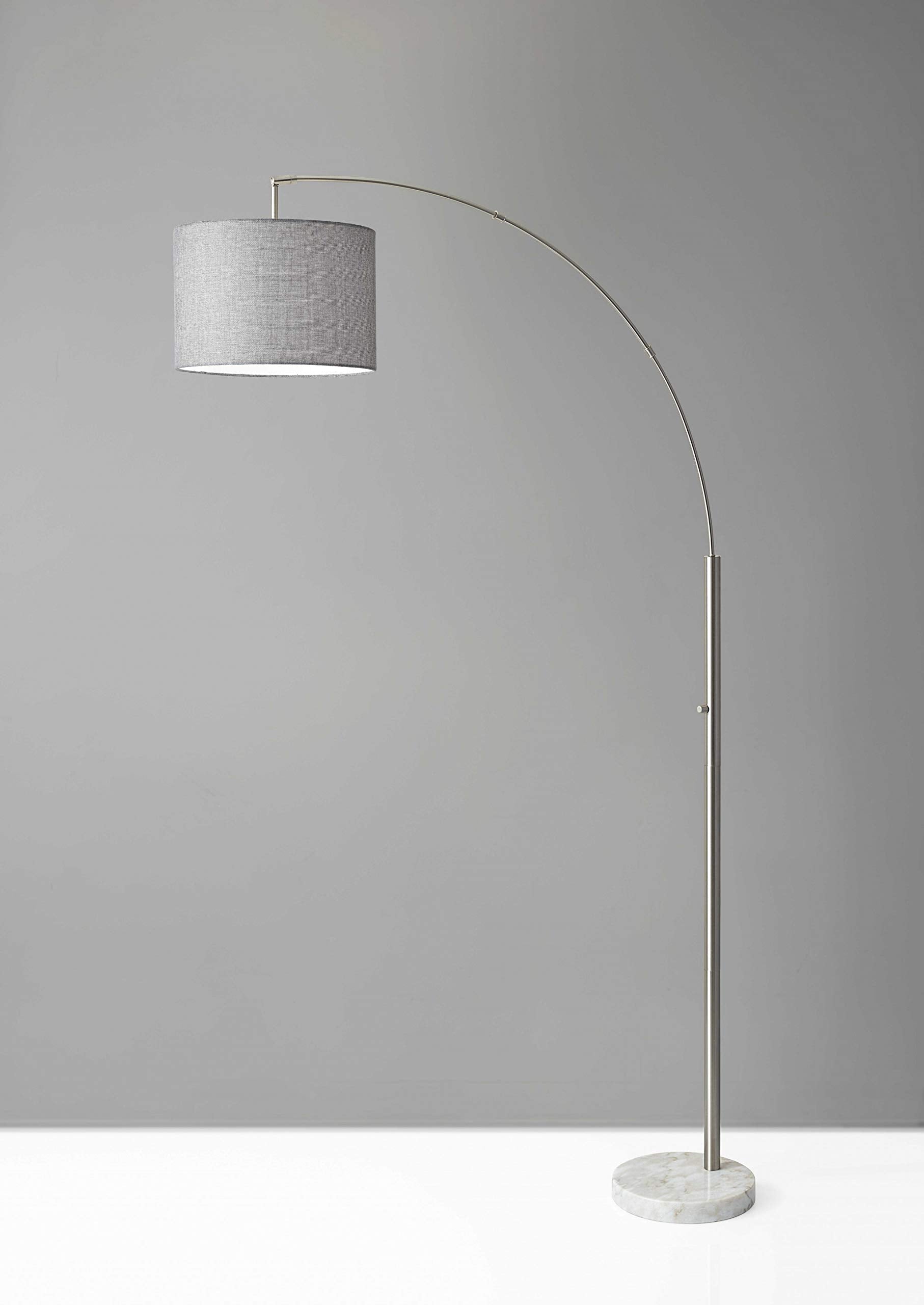 HomeRoots Floor Lamp Brushed Steel Arc Arm Adjustable Grey Fabric Shade
