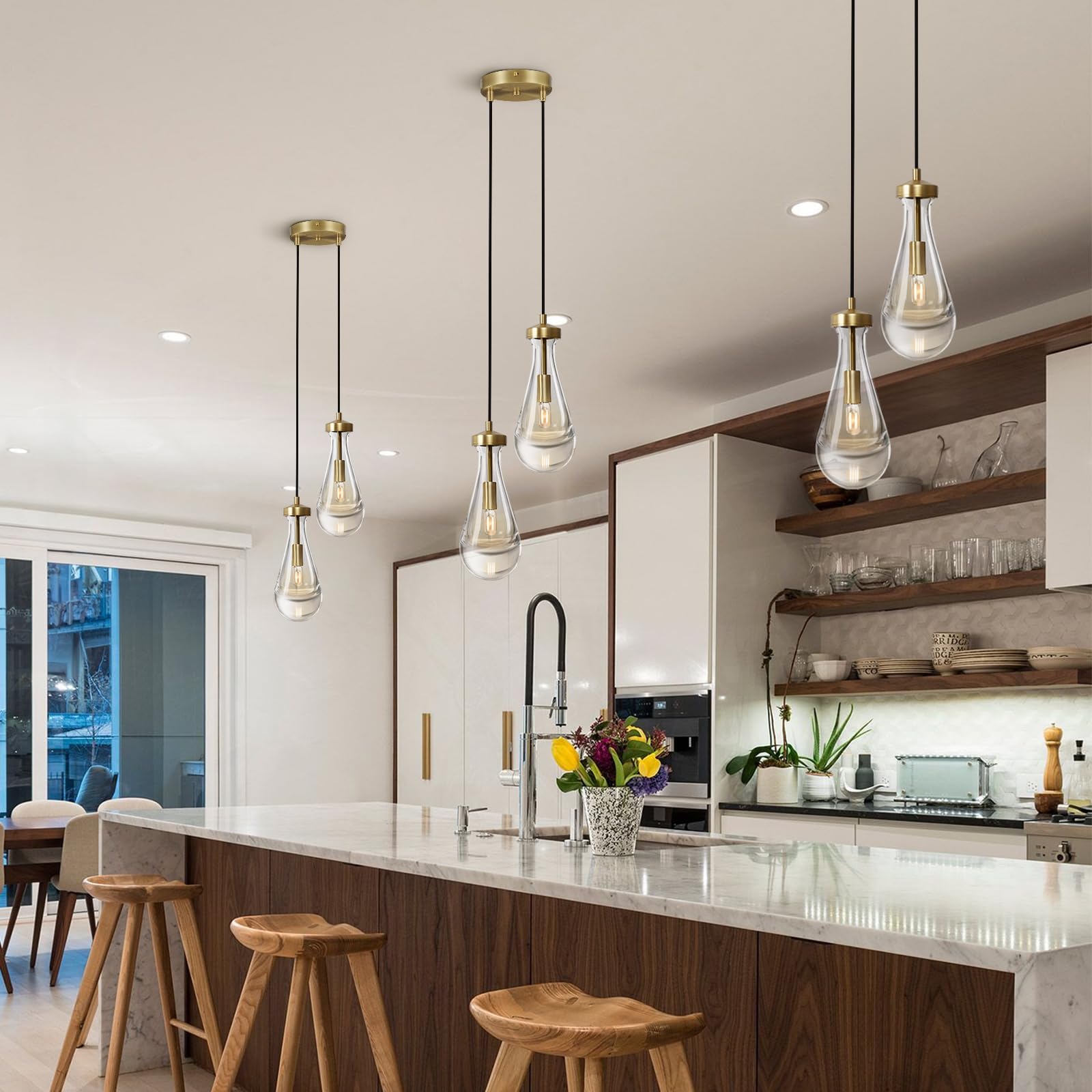 Joyunleo Brass Raindrop Pendant Lights Kitchen Island 2-Light  Cluster Gold Pendant Light Fixture For Bedroom  Dimmable Dining Room Light Fixture Hanging Pendant Lighting Ceiling Chandelier For Foyer