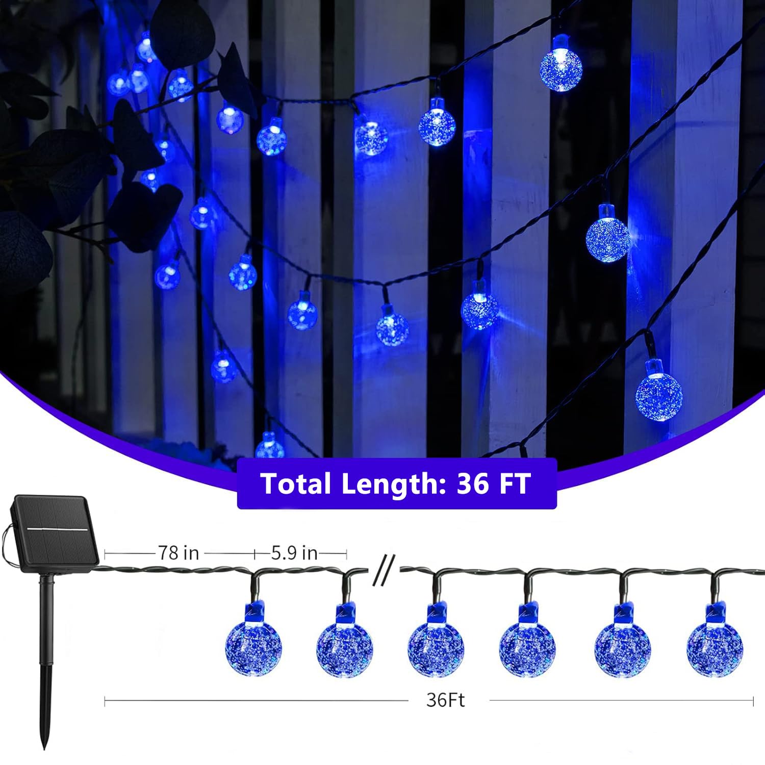 Brightown Solar String Lights Outdoor 60 Led 35.6 Feet Crystal Globe Lights With 8 Lighting Modes, Waterproof Solar Powered Pati