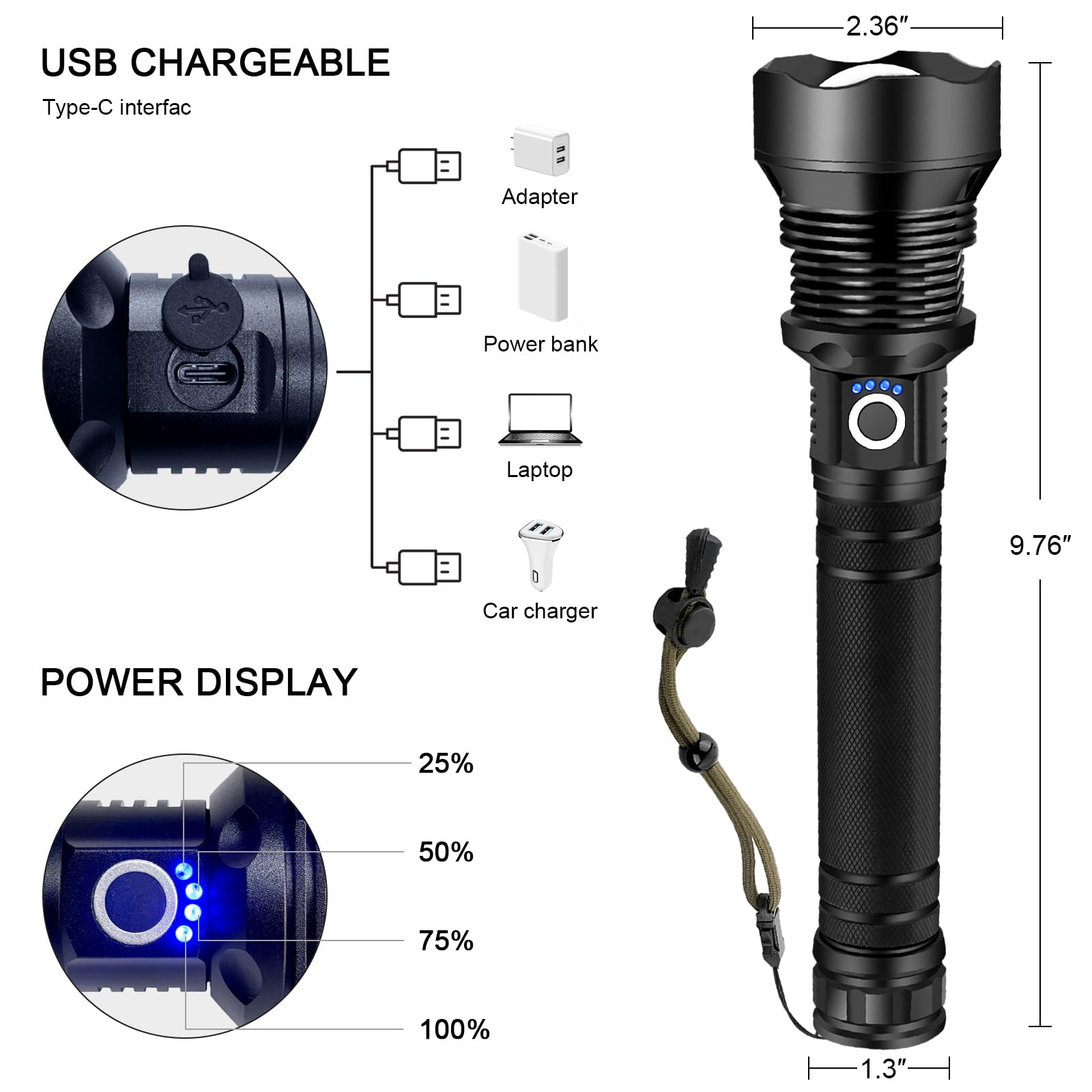 Omalight Flashlights High Lumens Rechargeable,Xhp90.2 Super Bright Led Flashlight With Zoomable & 5 Modes & Waterproof For Outdoor/Indoor
