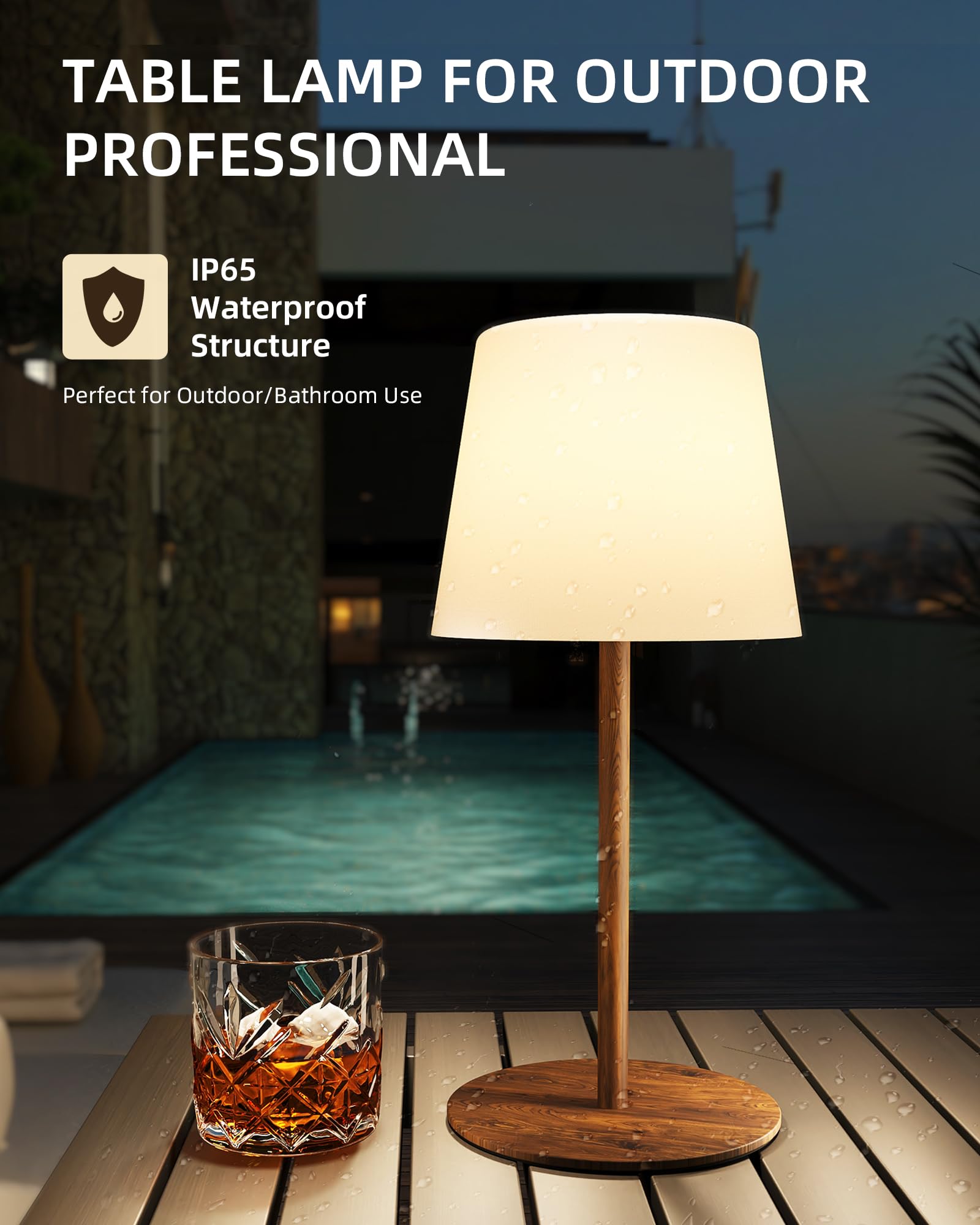EZVALO Outdoor Cordless Table Lamp - IP65 Waterproof, Dimmable Touch, 4500mAh Rechargeable, Wood Grain, 1 Pack