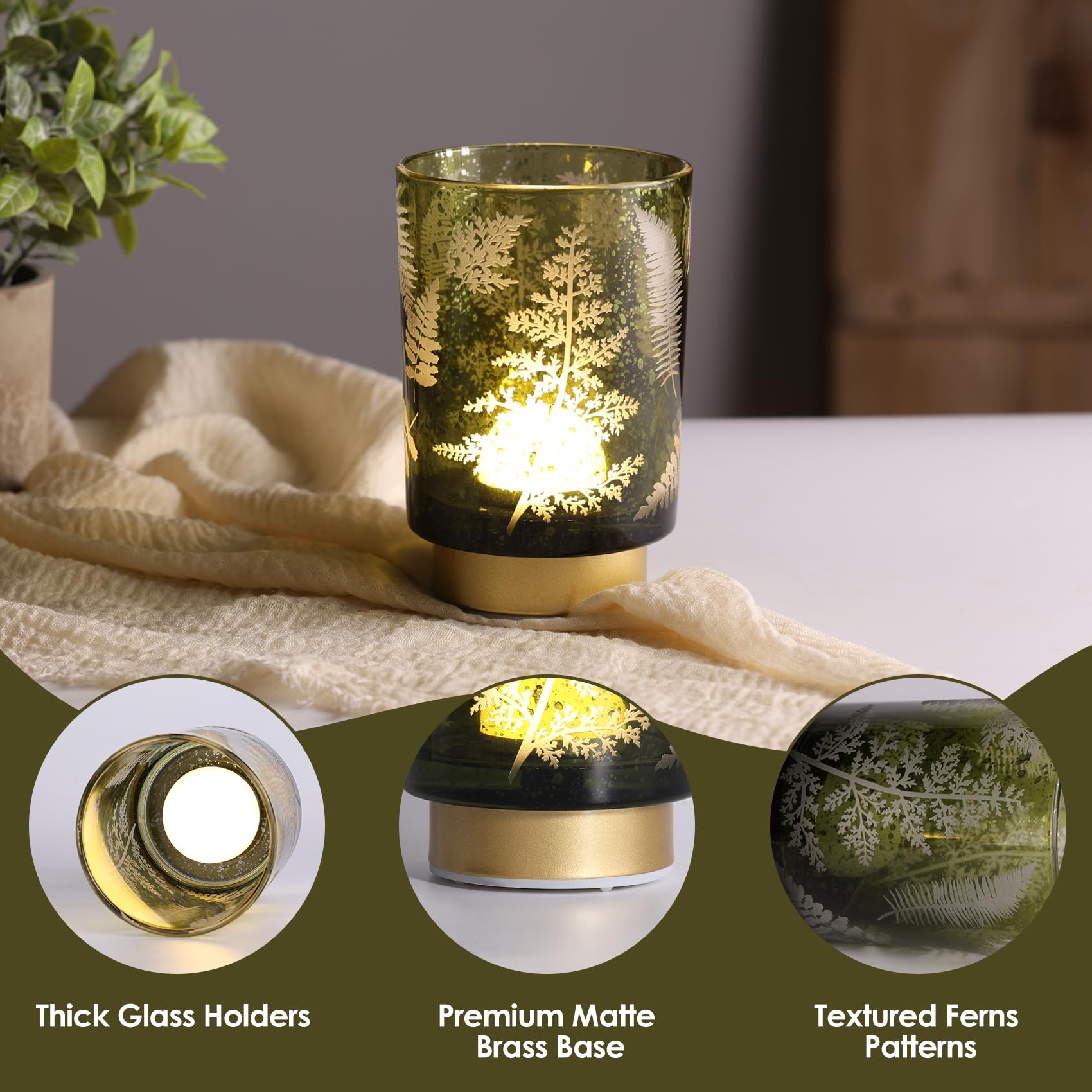 Eywamage Battery Operated Glass Table Lamp, Boho Green Ferns Leaves Mood Light With Remote, Cordless Bedside Accent Lamp Room De