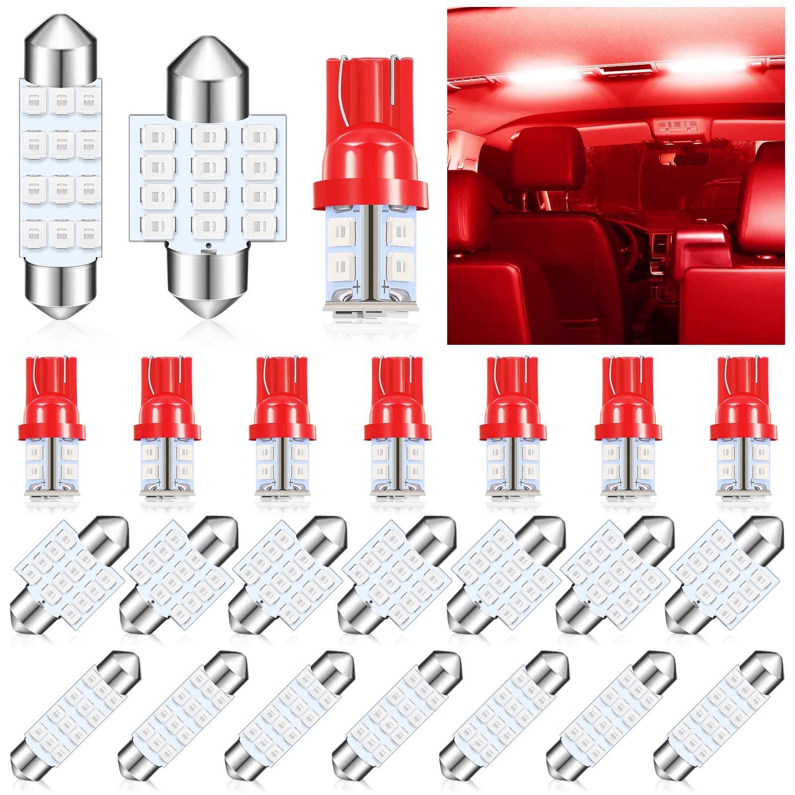 Tallew 24-Piece LED Car Bulb Kit, T10 & 31/42mm Festoon, Polycarbonate, Red Interior Replacement Bulbs