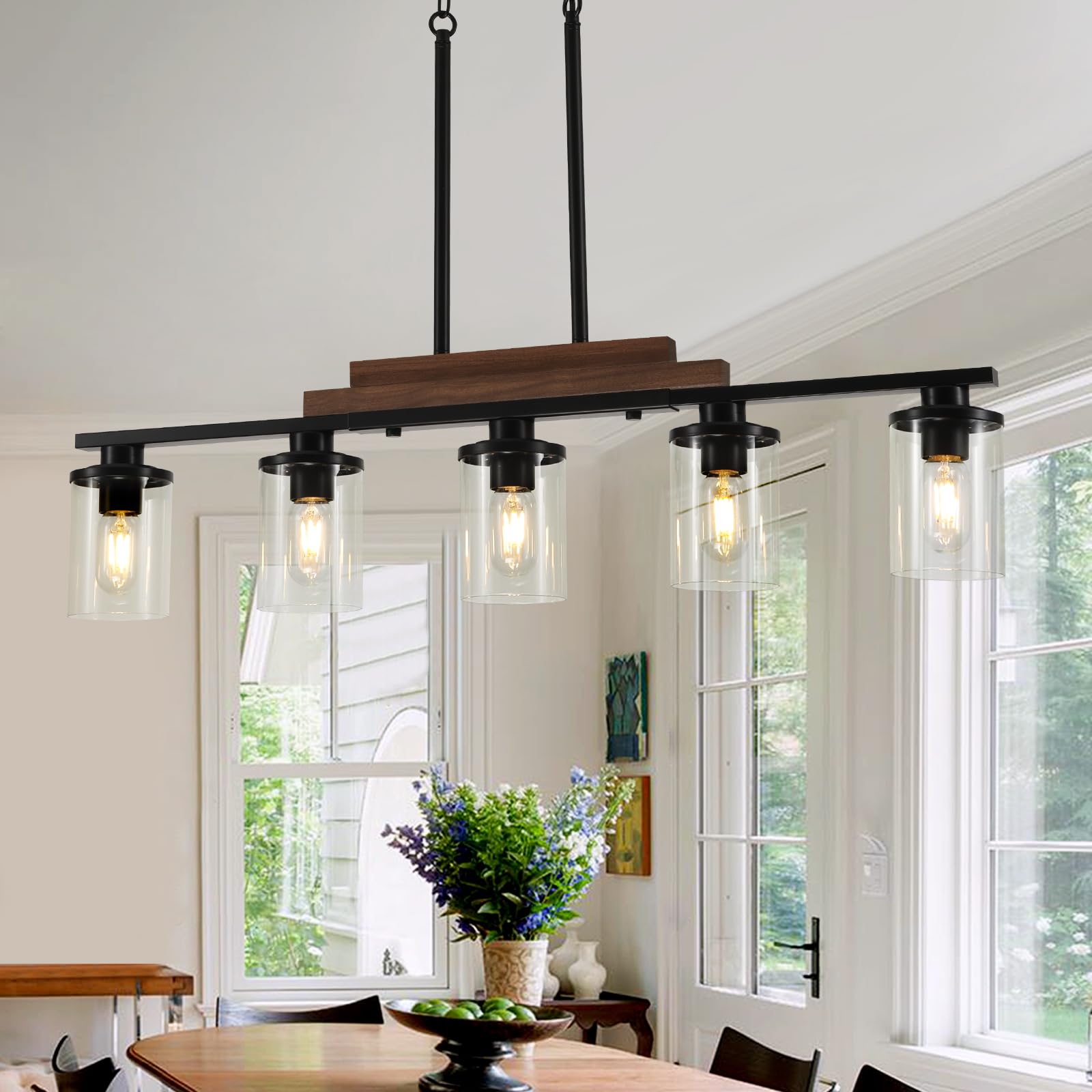 Dining Room Light Fixture Over Table,Farmhouse 5-Light Kitchen Island Lighting, Linear Chandelier With Clear Glass Shades, Moder