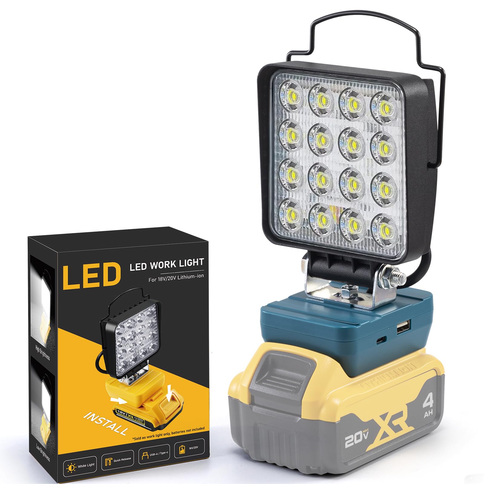 LED Work Light for Dewalt 20v Battery, Cordless 20V Max 48W 4800LM Battery Light with Low Voltage Protection USB and Type C Outp