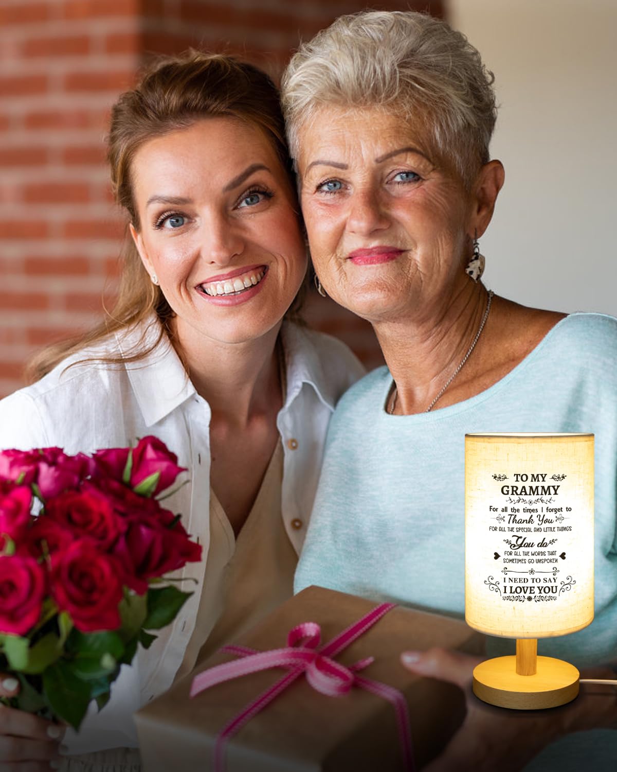 Calibron Fabric Table Lamp for Grammy - Unique Birthday Gift with Wooden Stand, White Color - Perfect from Grandkids