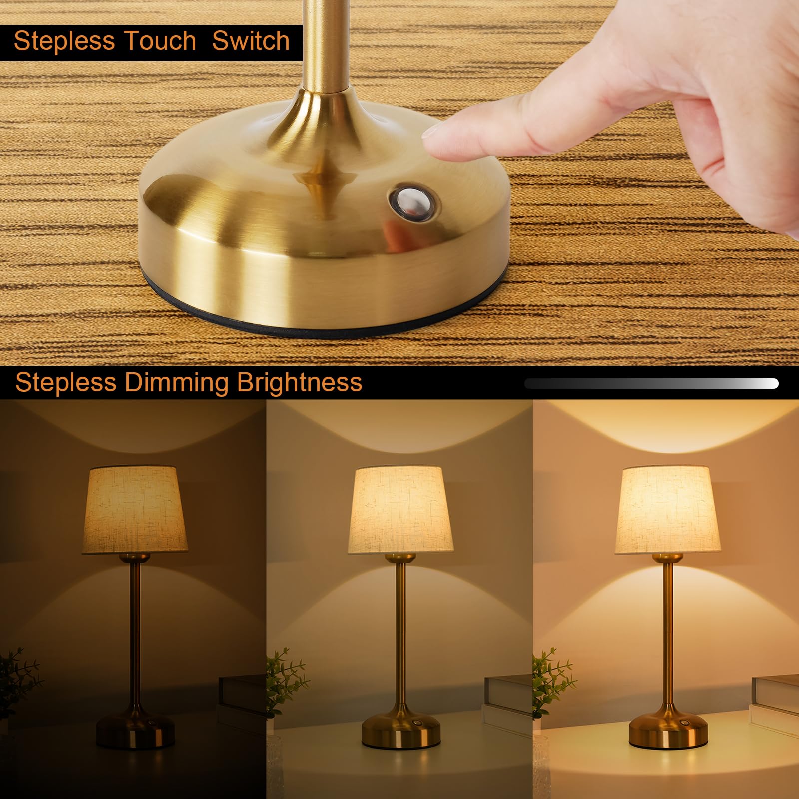 YAYZA! Cordless Table Lamp - Adjustable Height, Fabric Shade, 7500mAh Rechargeable, Short Gold - 5.9" x 5.9" x 15.