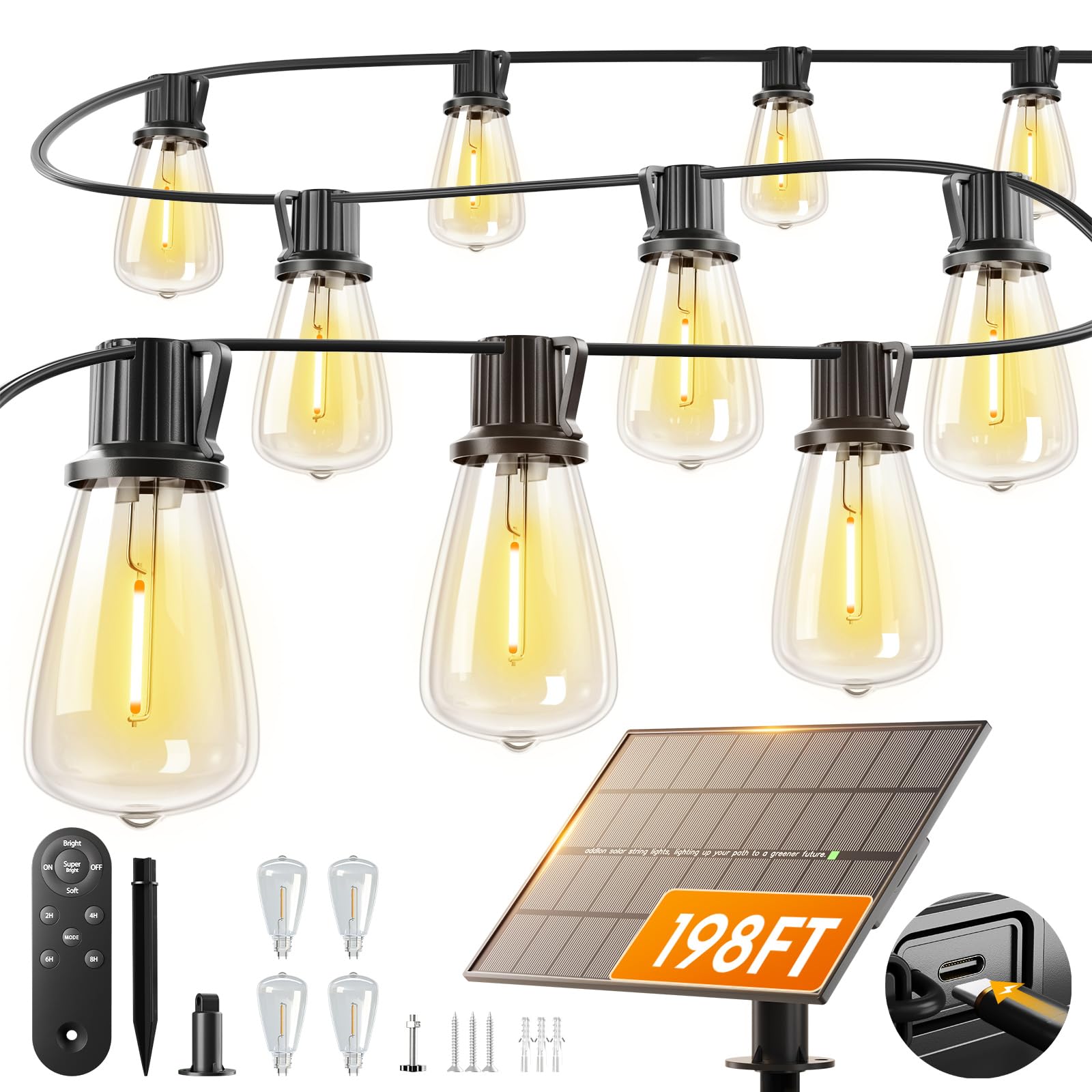 addlon Solar String Lights - 198FT (192+6) Waterproof, 60+4 LED Bulbs, Dimmable, Remote, Black, Model A090417040035