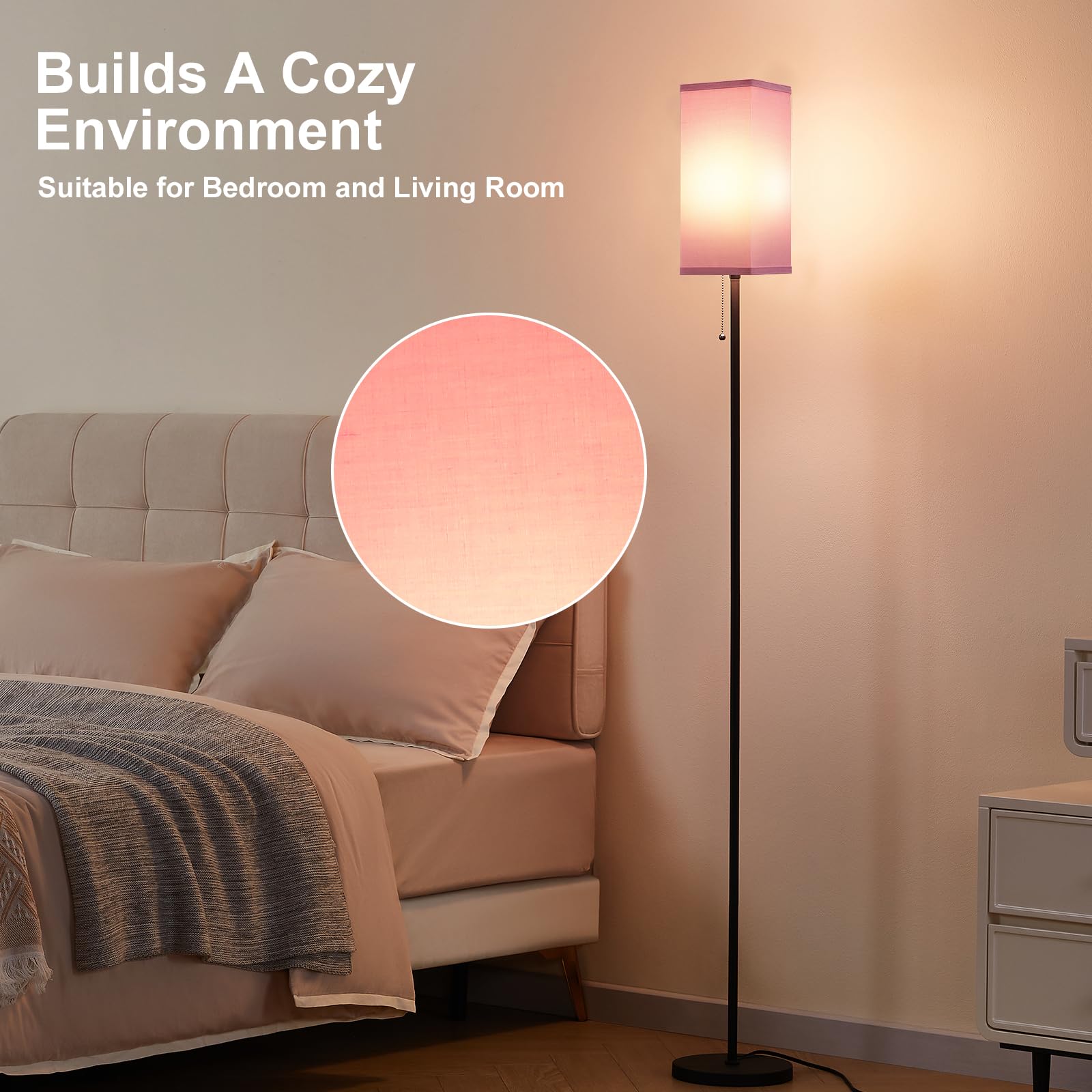 Ziisee Pink Floor Lamps For Bedroom Modern- 3 Color Temperature Standing Lamps With Pull Chain Switch, Tall Lamp For Office Home