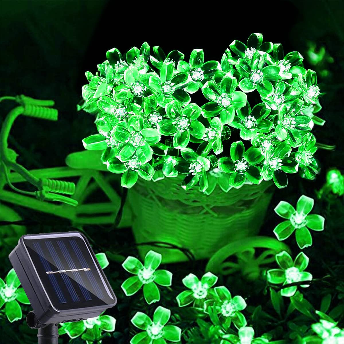Iticdecor Solar Flower String Lights - Green Outdoor Waterproof 50 Led St. Patrick'S Day Fairy Lights For Garden, Patio, Fence,