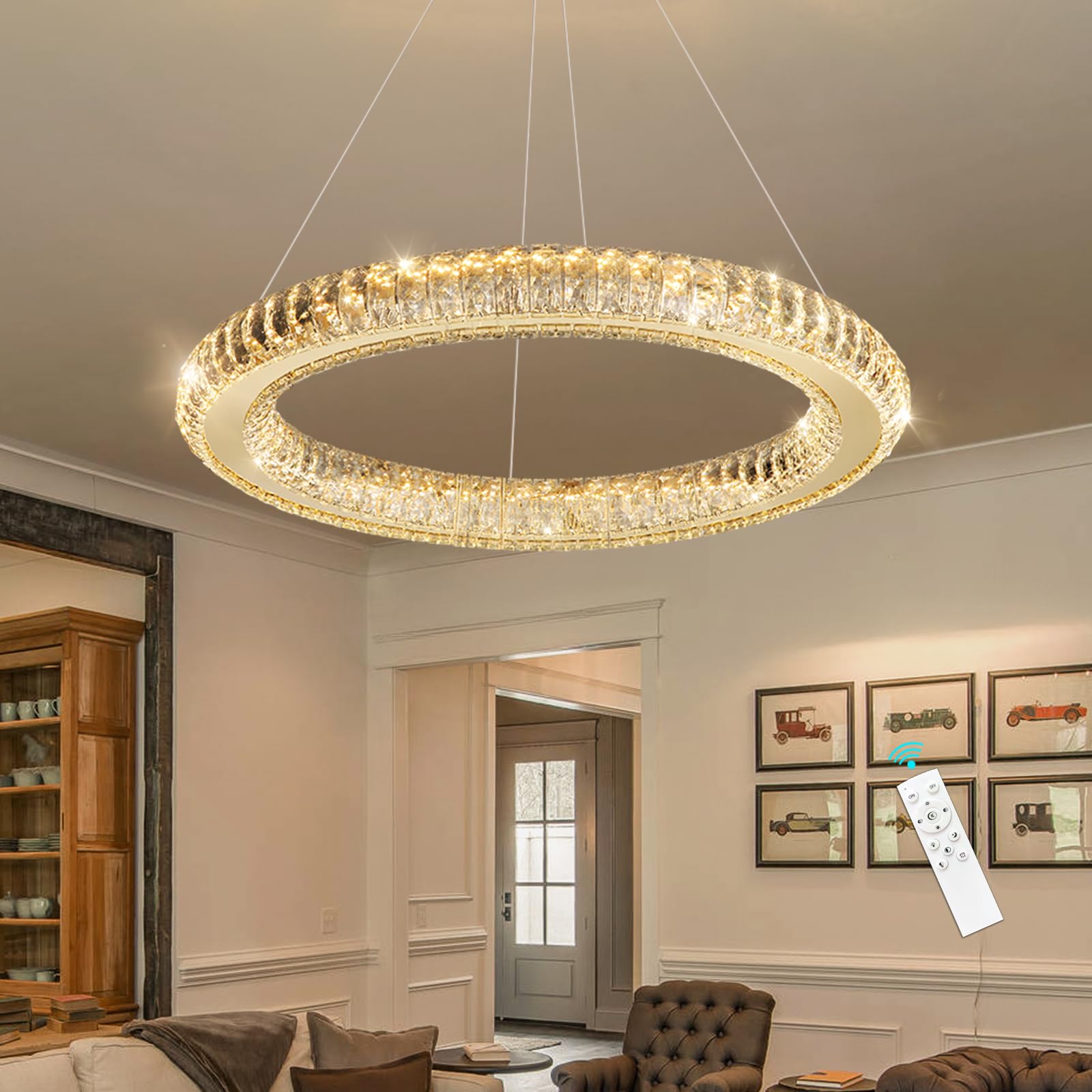 HAIXIANG LED Chandelier Modern Dimmable Dining Room Chanderliers Entryway Crystal Ring Pendant Lights for Kitchen Bedroom Living Room Gold Light
