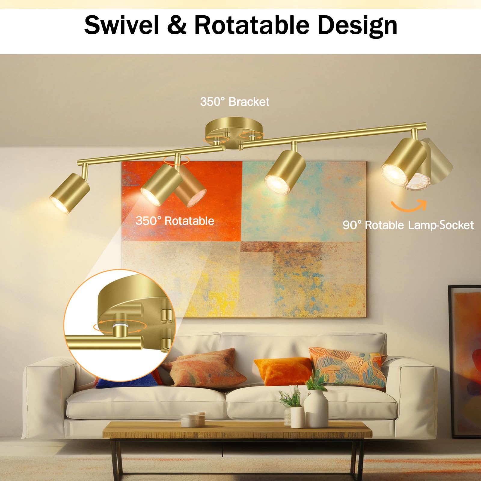 Track Lighting Ceiling Fixture Gold, Modern Kitchen Light Fixtures Ceiling, 4-Light Rotatable Led Track Lights, Semi Flush Wall