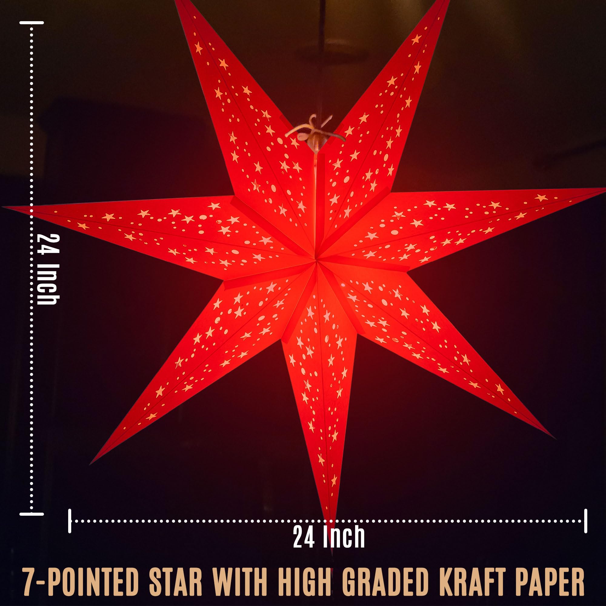 GalaxyArts Paper Star Lantern, 24 Inch, Medium Naxatra White, 7 Pointed, Hanging Lamp for Weddings, Holidays, Parties, Indoor/Outdoor Décor