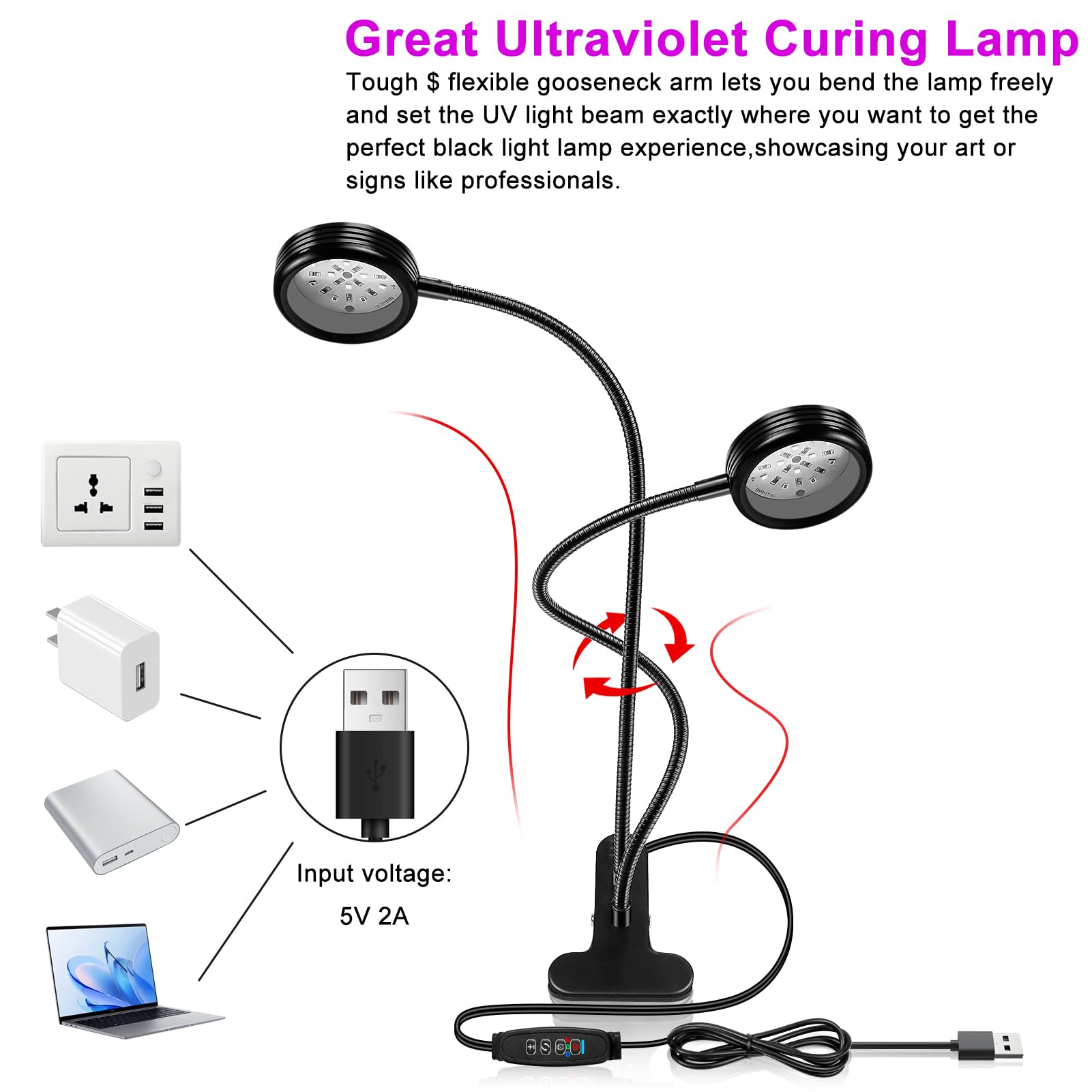 YGS-Tech LED Black Light Dual Head UV Gooseneck Lamp 10W USB Powered for Blacklight Party, 395-405nm, Round, 2 Head
