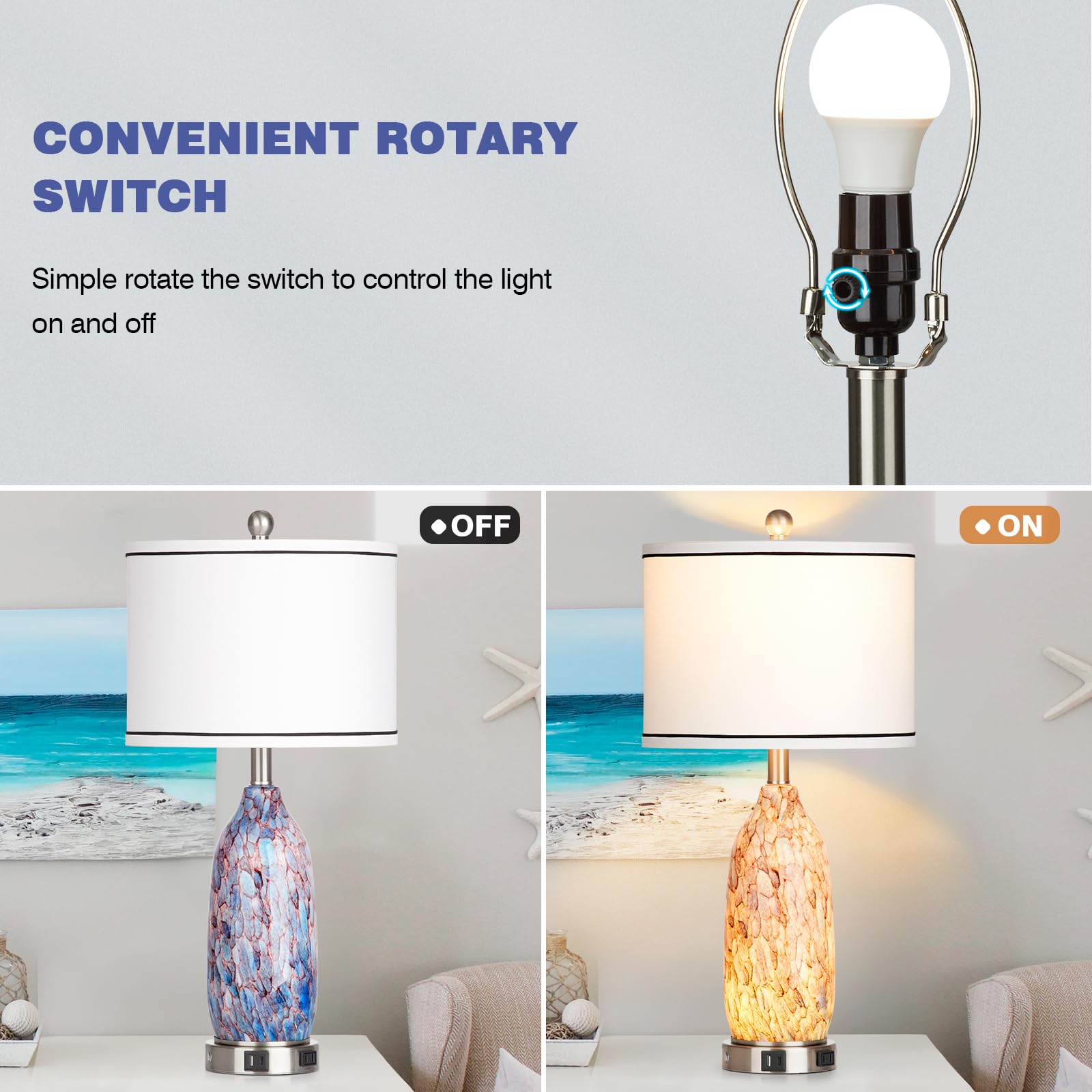 Rinweey 26'' Coastal Glass Table Lamps Set Of 2,Nautical Lamp With Usb A+C Ports & Ac Outlet,Bule Bedside Lamps With 3-Way Dimma