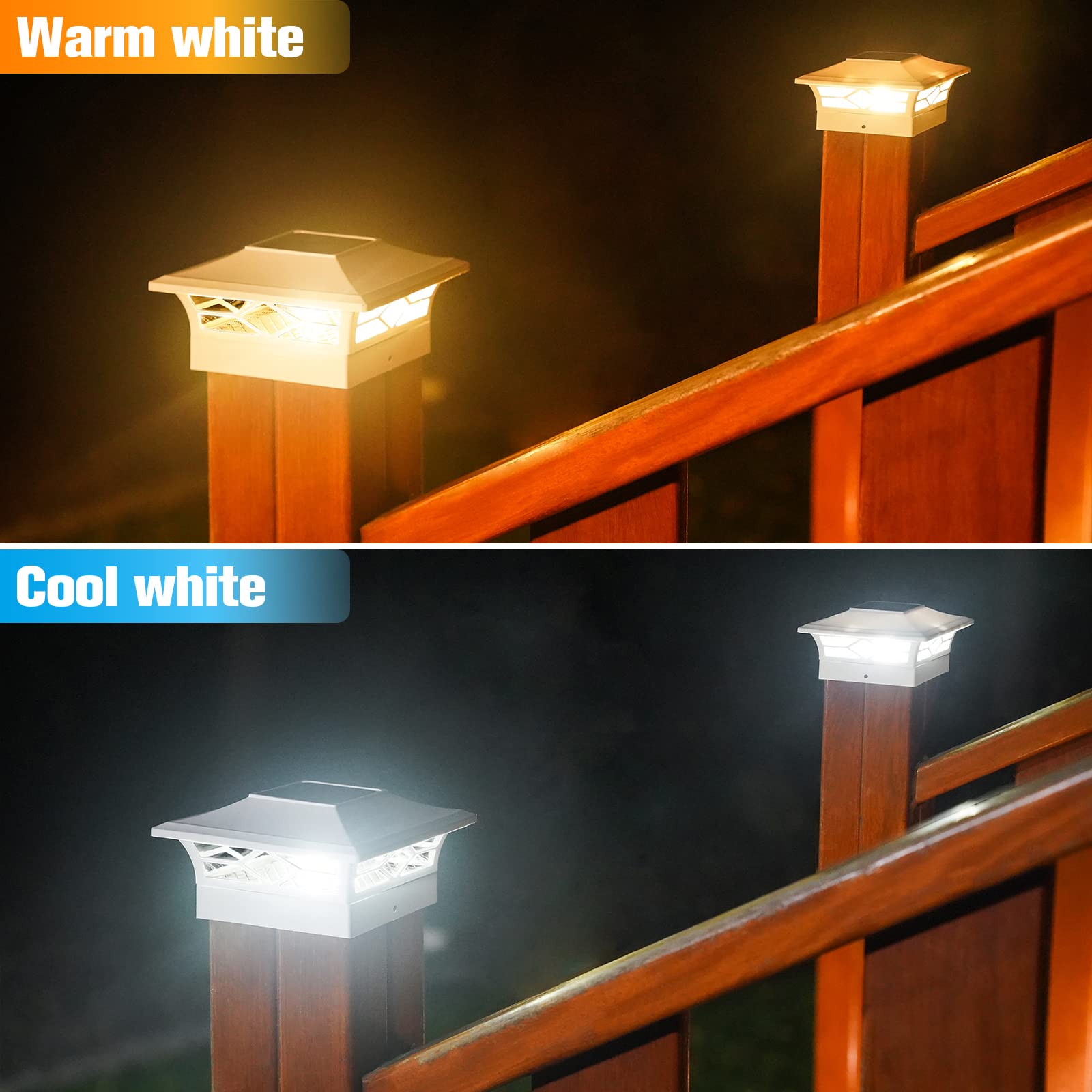 VOLISUN Solar Post Cap Lights: 2 - Pack Outdoor Deck Post Cap Lights White for Dock Fence Waterproof 2 Color Modes,4x4/6x6 Woode