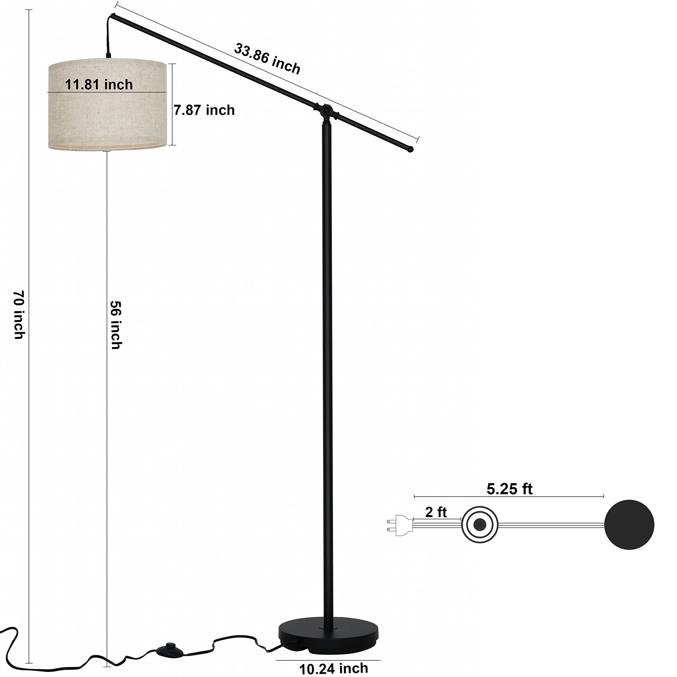 Suraielec Arc Floor Lamp - Adjustable Overhang Design, Linen Shade, Black Metal, Foot Switch