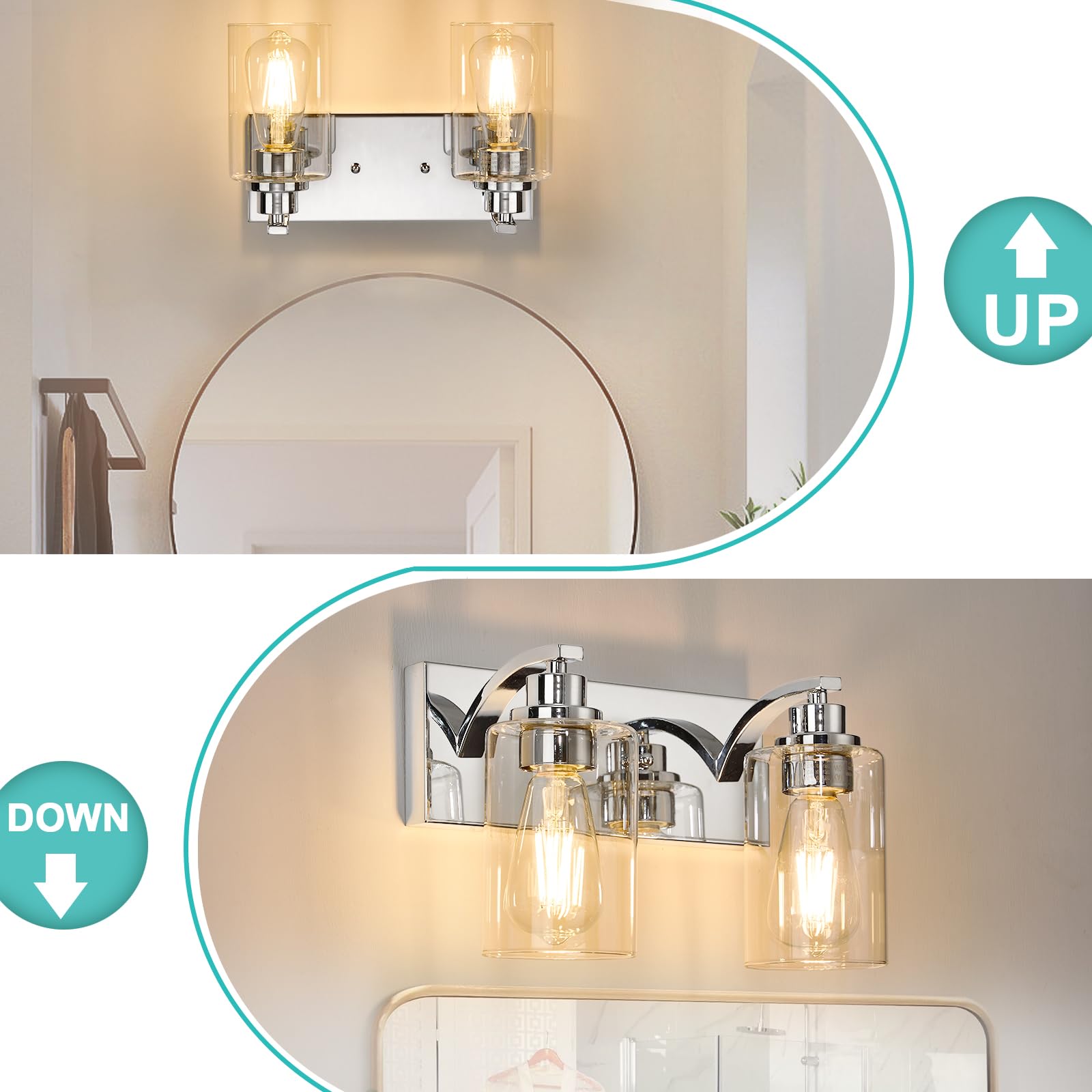Alaislyc Chrome 2-Light Bathroom Vanity Light Fixture With Clear Glass Shade For Mirror