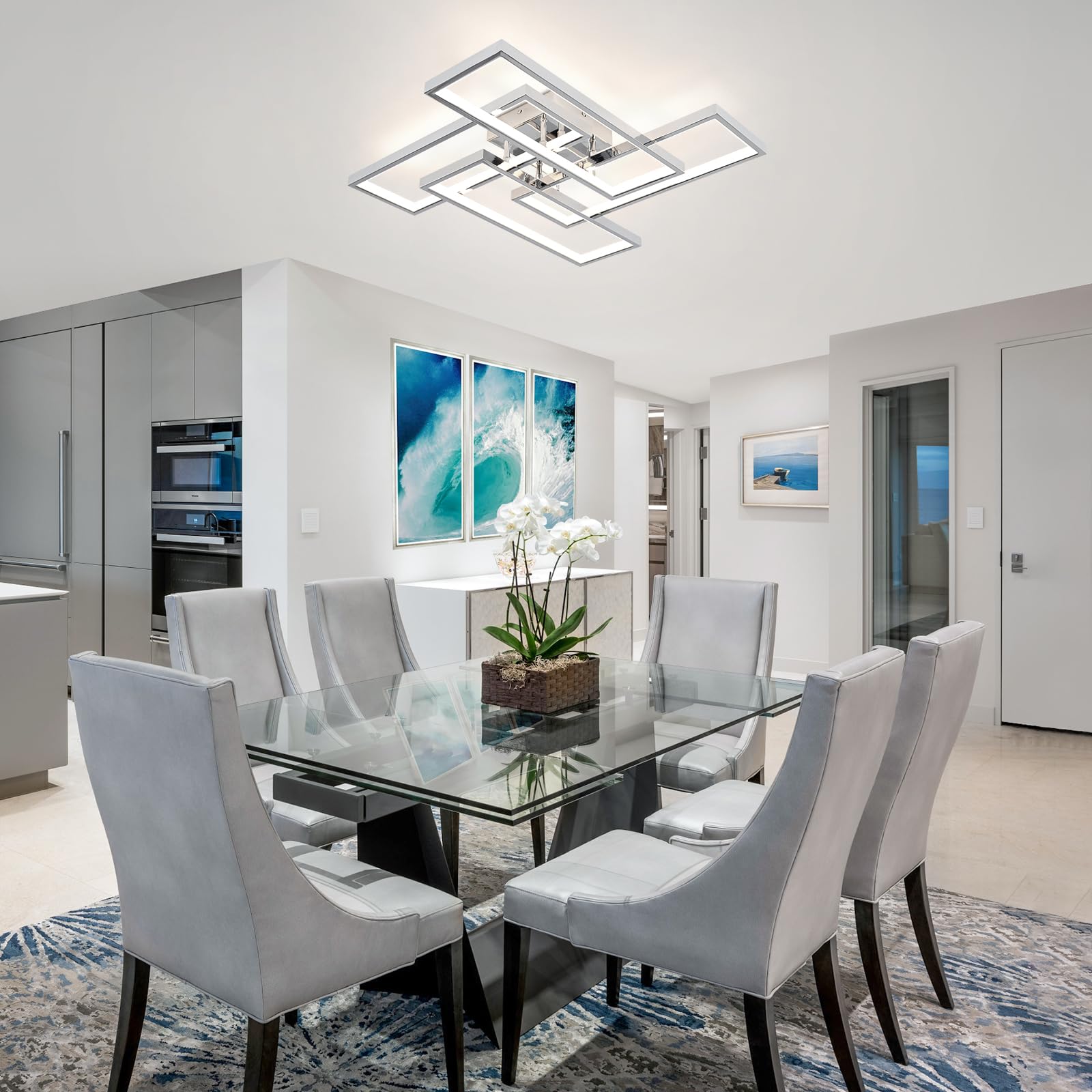 Sovinzert Dimmable LED Ceiling Light 26In Modern Chrome 4-Square Fixture with Remote Control for Living Room, Kitchen, Bathroom, Dining Room