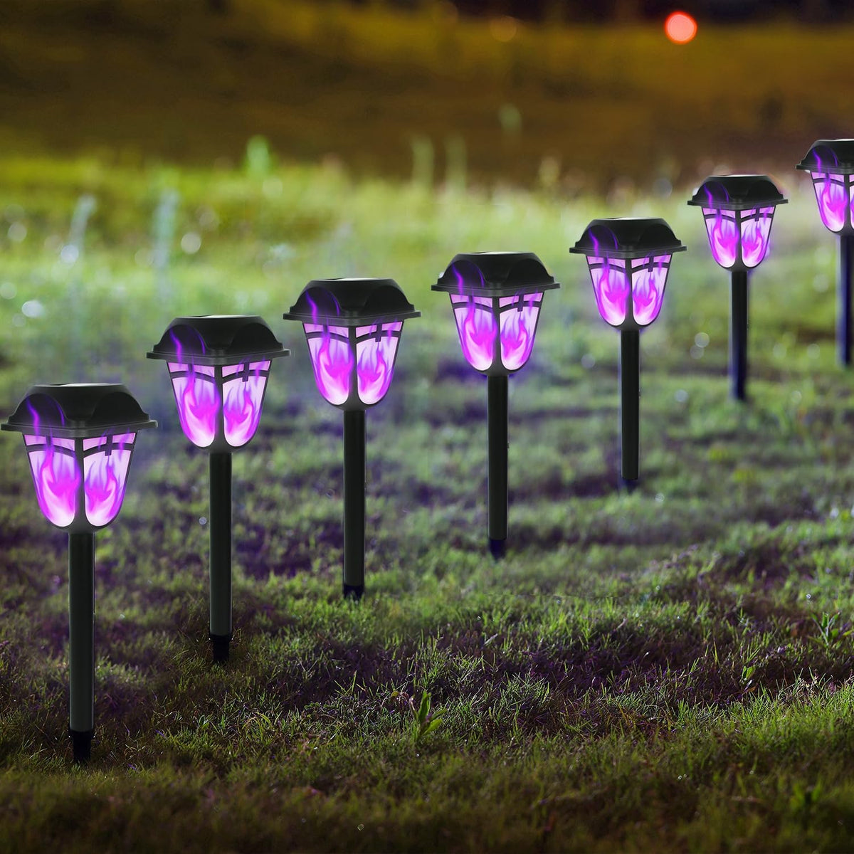 Dynaming Solar Purple Flame Torch Lights, 9 Pack Outdoor Halloween Lights Flickering Flame Pathway Lights, Solar Powered Auto On/Off Garden Lights, Halloween Decor For Lawn Patio Yard Walkway