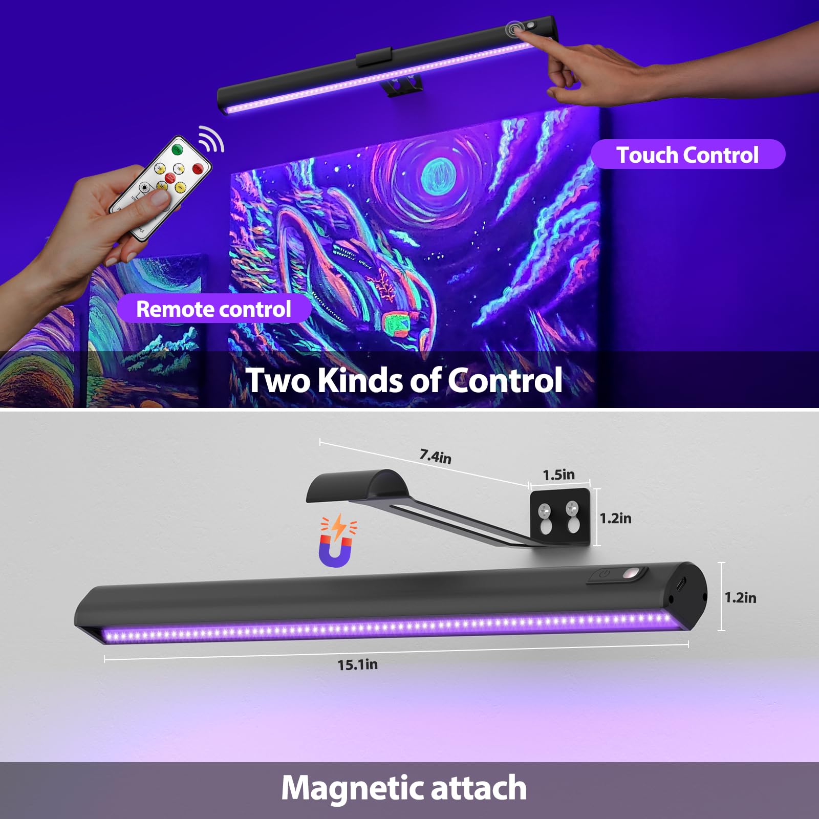 Onforu Black Light For Blacklight Tapestry,15'' Rechargeable Blacklight Picture Light With Remote, 4000Mah Black Light Bar For F