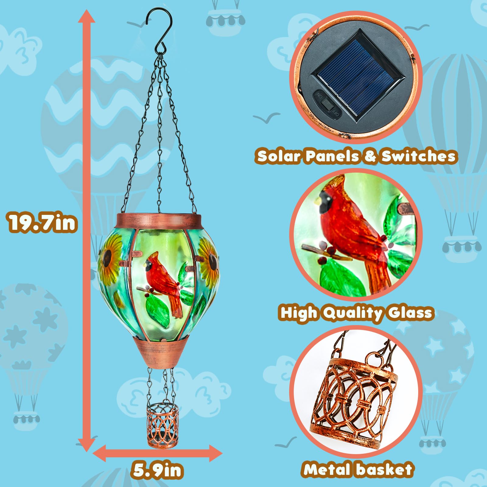 Solar Hot Air Balloon Lantern With Flame, Cardinal Glass Solar Hanging Lights Outdoor Yard Patio Farmhouse Decoration, Cardinal