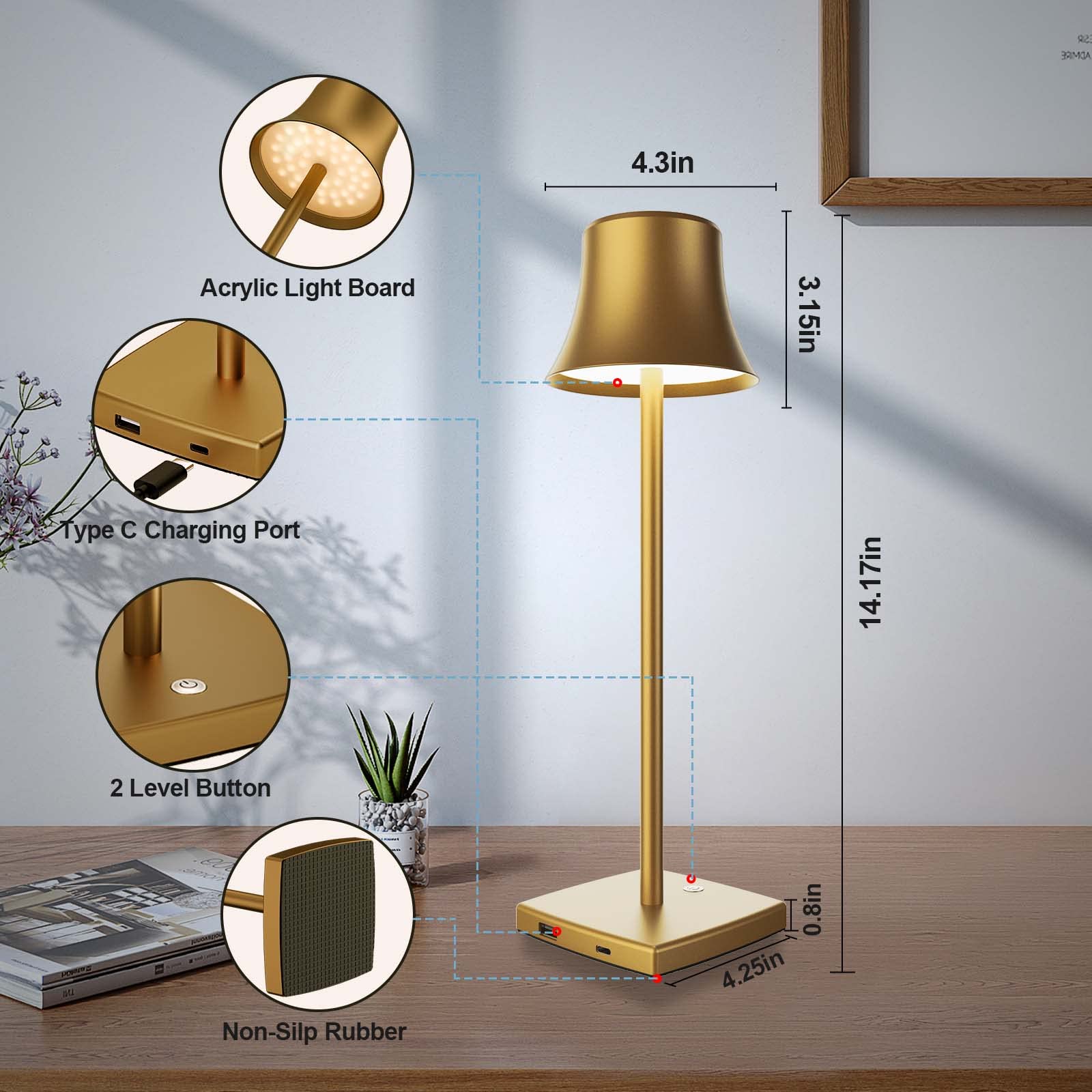 Shangcai Cordless Led Desk Lamp Set Of 2, Rechargeable, Dimmable, Bronze For Home & Outdoor