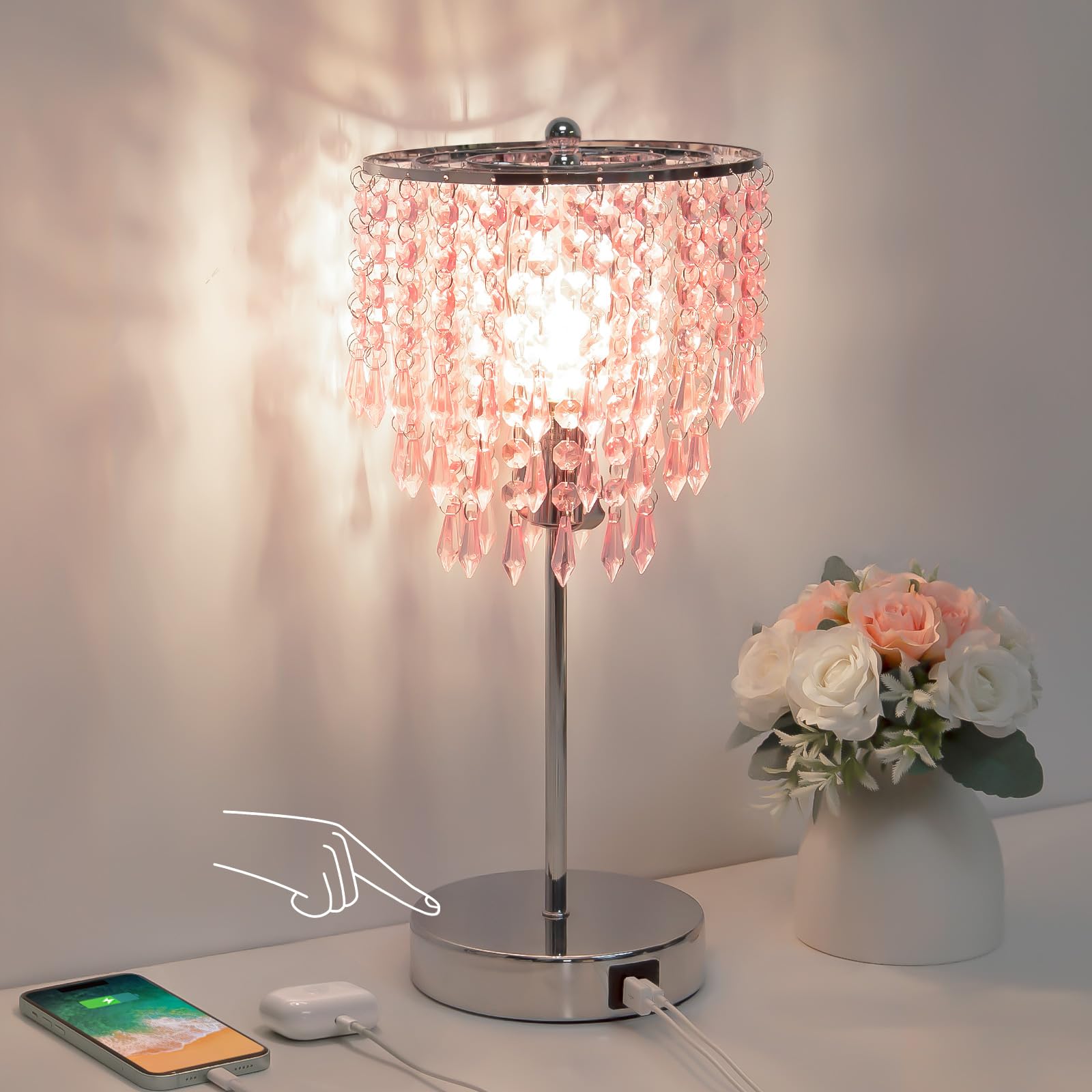 Crystal Touch Control Table Lamp with Dual USB Charging Ports, 3 Way Dimmable Bedside Lamp with Pink Shade, Decorative Nightstan