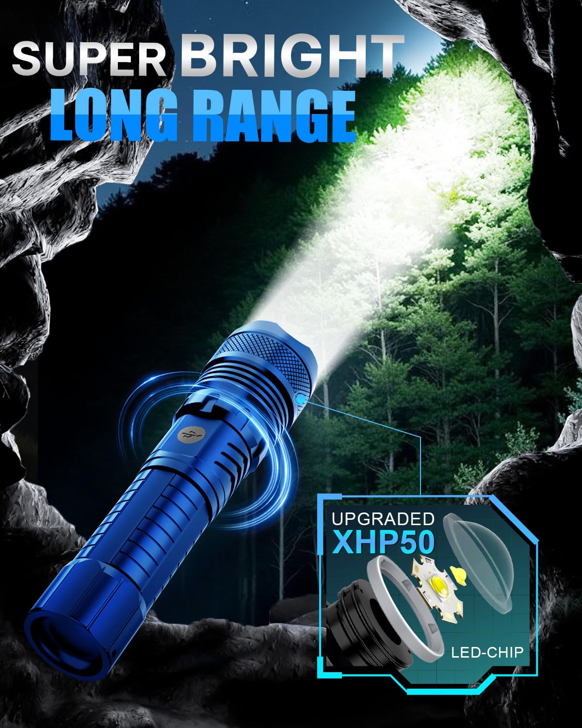 Victoper Blue LED Tactical Flashlight, Rechargeable, 5 Modes, Waterproof, P50 1 Pack