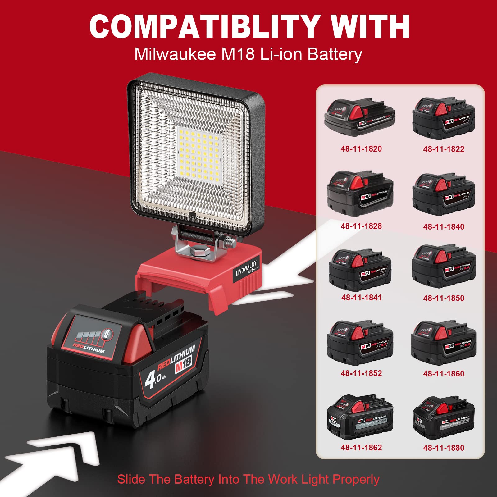 Livowalny Cordless Flood Light For Milwaukee Light M18 Work Light, 27W 2700Lm Led Work Light Battery Light For Milwaukee M18 Bat