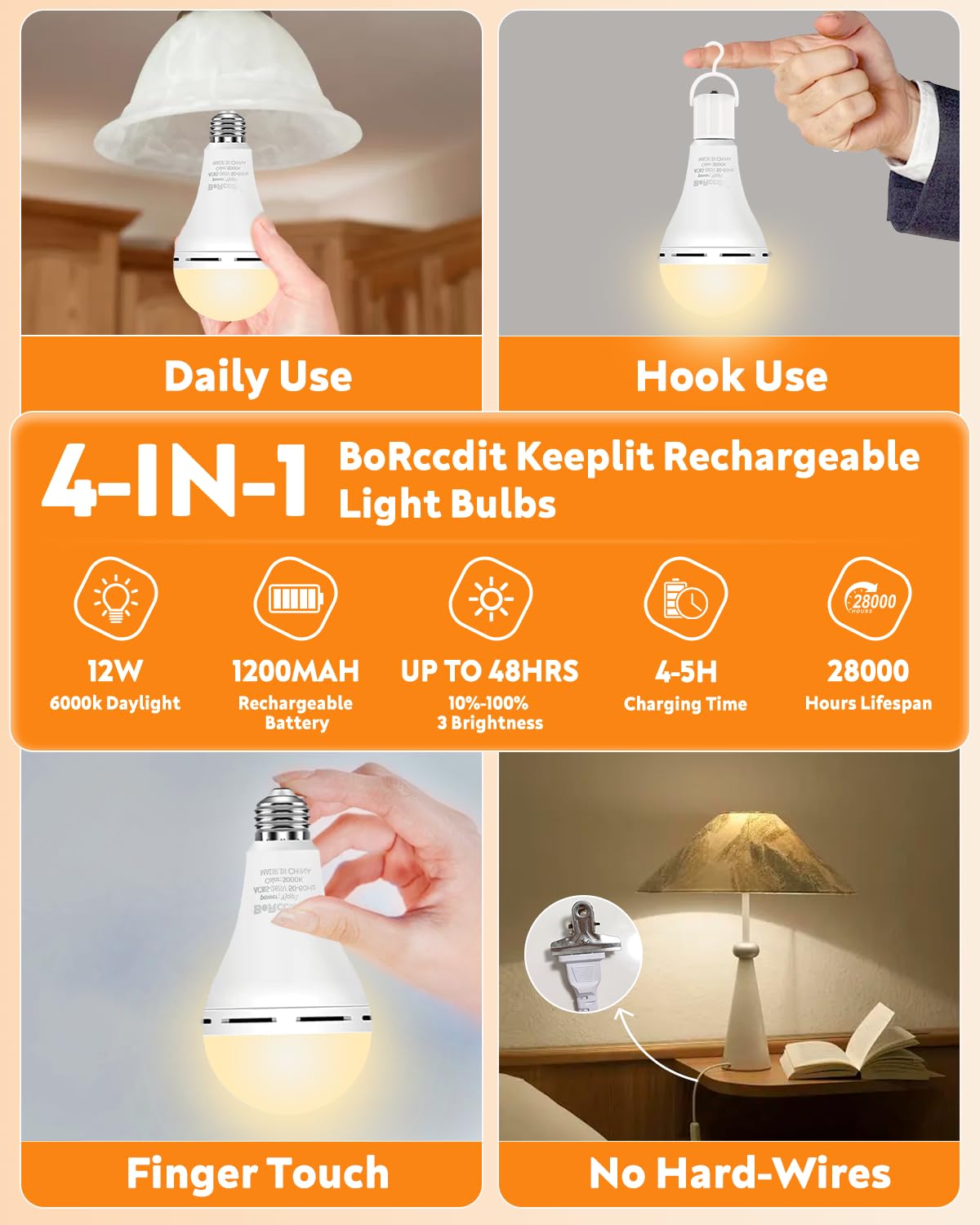BoRccdit Emergency Rechargeable Light Bulbs, 10 Pack, 48H Battery Backup, 12W, 3000K Soft White, Model Yjqp1