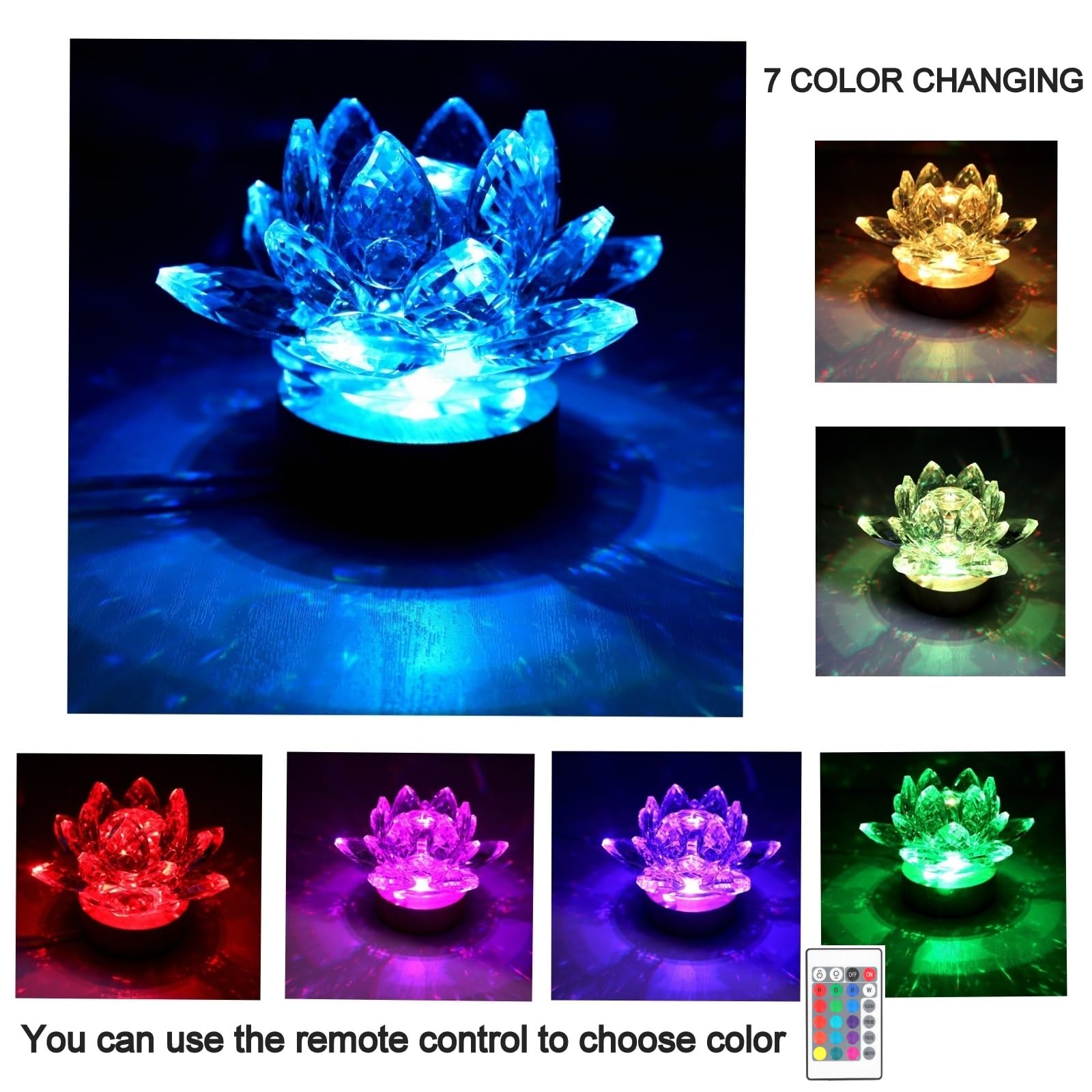 TENGFENG Crystal LED Lotus Light - USB Powered Flower Lamp with Remote Control, 7 Color Change, Glass, Great for Bedroom Decoration