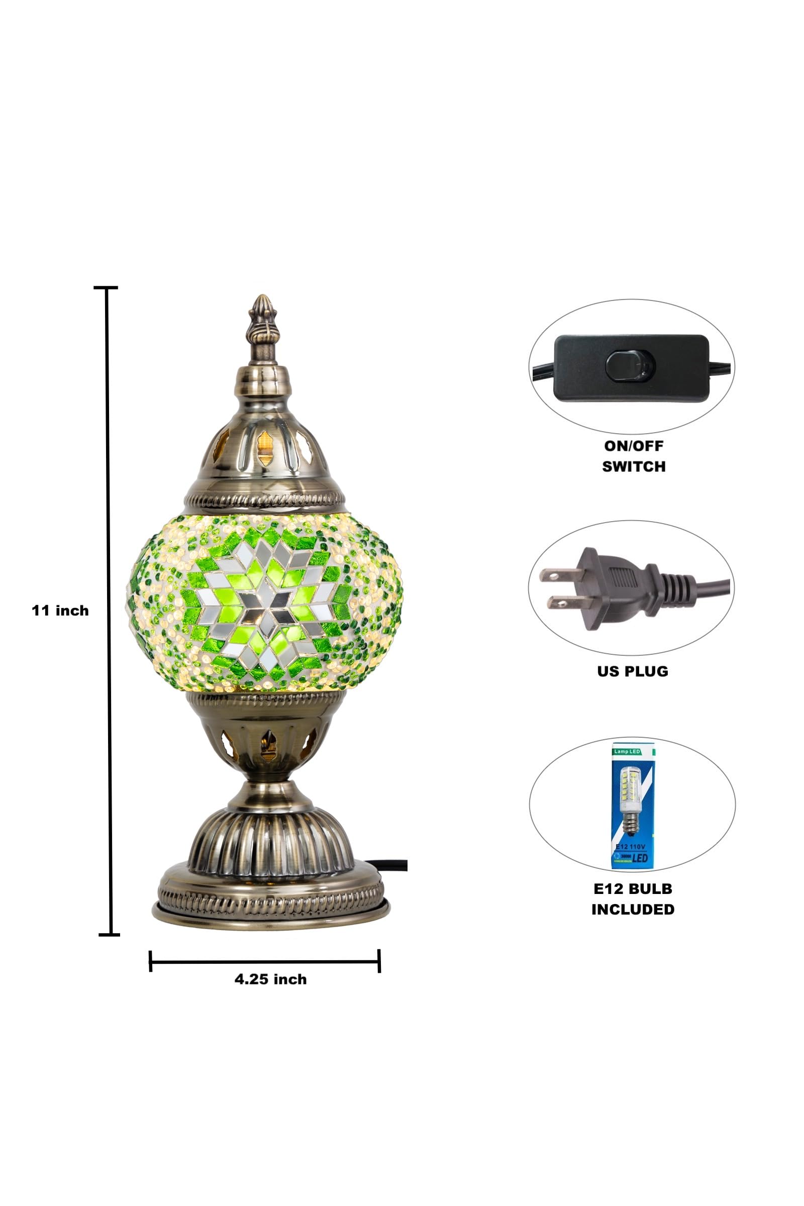 KRAFTSTORIES Turkish Mosaic Lamp Kit - DIY Glass Night Light, Antique Bronze Base, Green, Model TR-LAMP